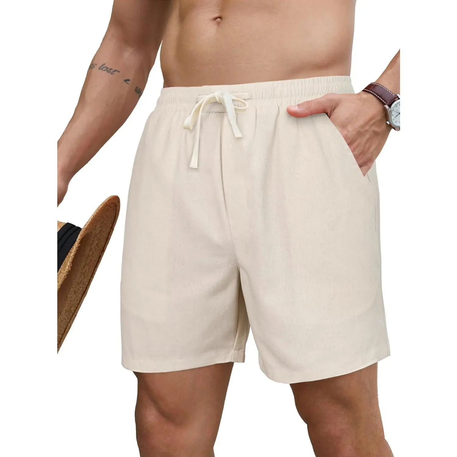 Mens 5 Inch Linen Shorts - Casual Elastic Waist Drawstring Summer Beach Shorts with Pocket
