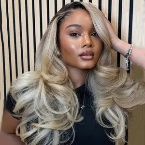 Brown Roots Ash Blonde Colored Body Wave Hairstyle 13X6 Lace Frontal Wig Transparent Lace 180% Density Pre-Plucked With Baby Hair Ombre Ash Blonde Human Hair Wig For Women Long 28 30 32 Inches Washable  Soft