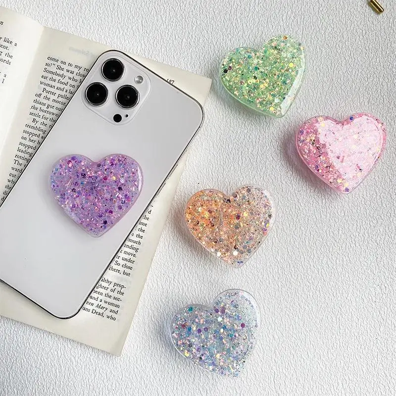 Glitter Crystal Love Heart Silicone Phone Socket Holder, Universal Size Folding Grip Stand Mobile Accessory for iPhone 17, Samsung S26, Iphone Users