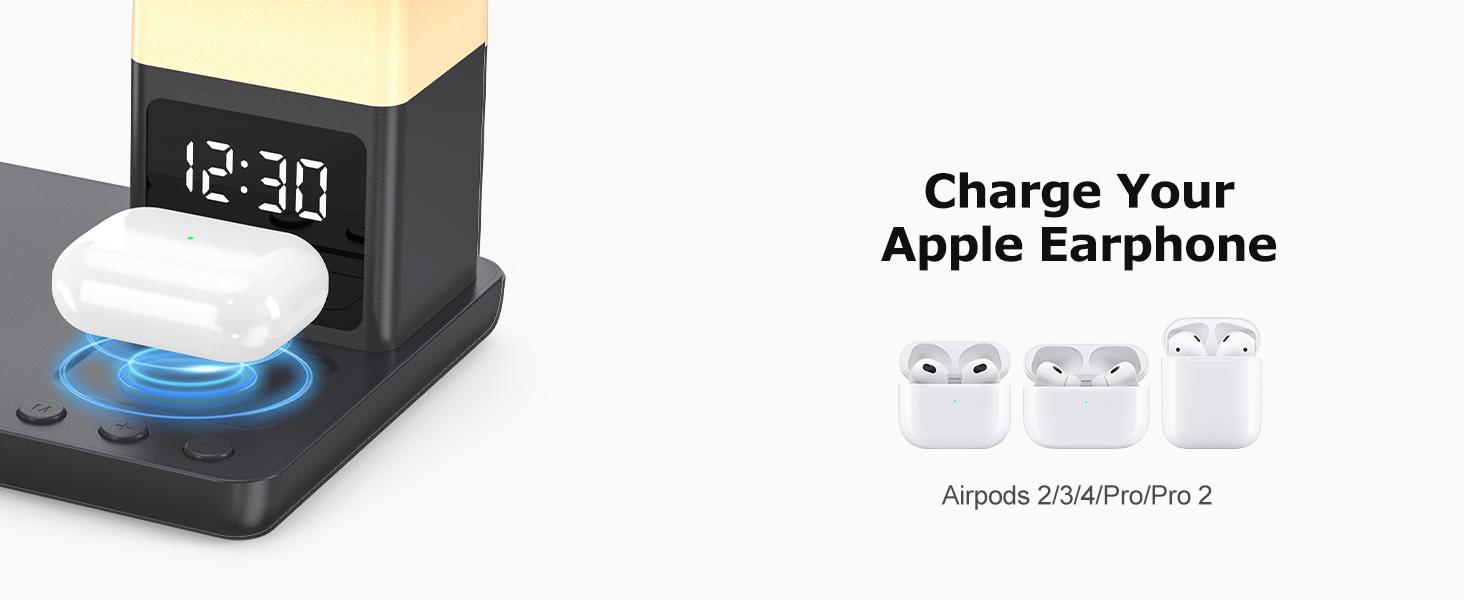 Wireless Charging Station Alarm Clock with 8 Touch Night Lights: 5 in 1 Charger Stand for Apple Devices - Charging Dock for iPhone 17 16 15 14 13 12 Pro Max Plus/Apple Watch/AirPods, Dimmable