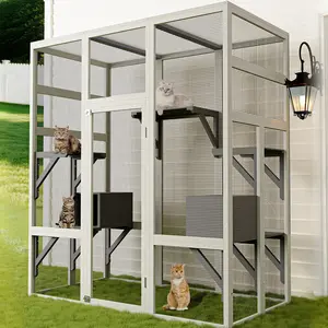 2-In-1 Walk-in Catio Outdoor Cat Enclosure, Large Wooden Cat House with Waterproof Roof, 5 Platforms & 2 Resting Box