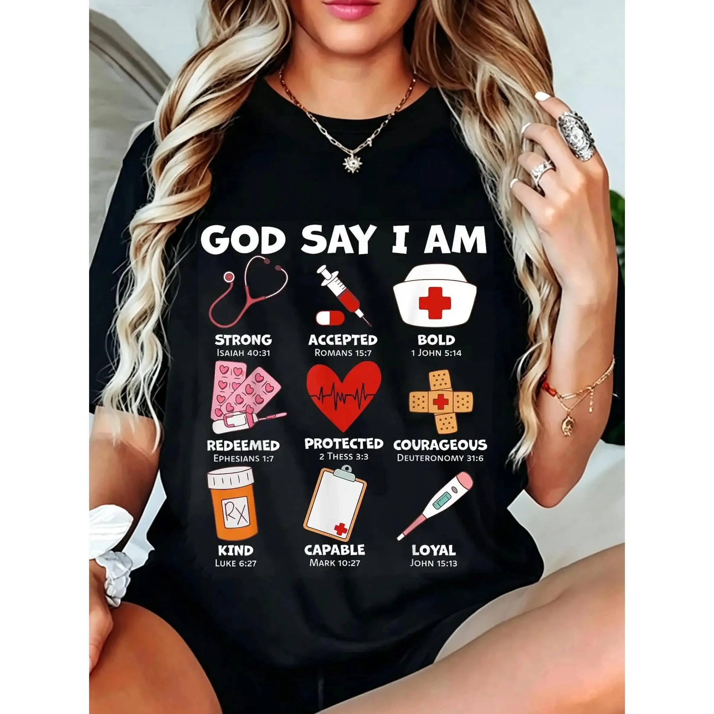 100% Cotton Unisex God Says I Am Nurse Strong Protected Religious Nurse Nursing T-Shirt Casual Top
