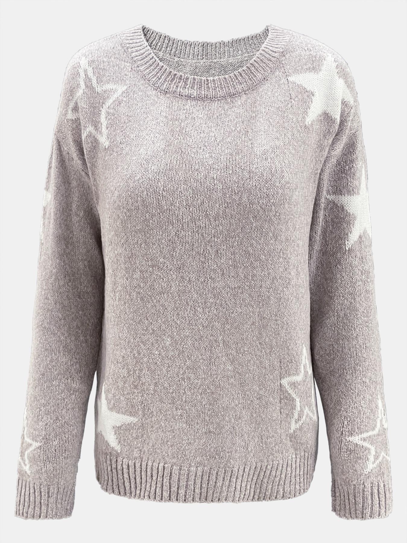 Women's Star Print Drop Shoulder Sweater, Casual Long Sleeve Round Neck Jumper for Fall & Winter, Fashion Ladies' Knitwear for Daily Wear, Tops