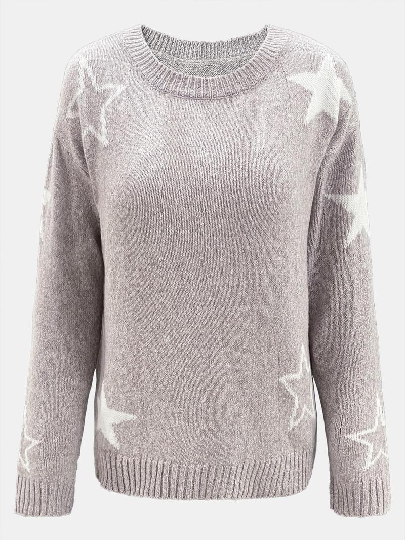 Women's Star Print Drop Shoulder Sweater, Casual Long Sleeve Round Neck Jumper for Fall & Winter, Fashion Ladies' Knitwear for Daily Wear, Tops
