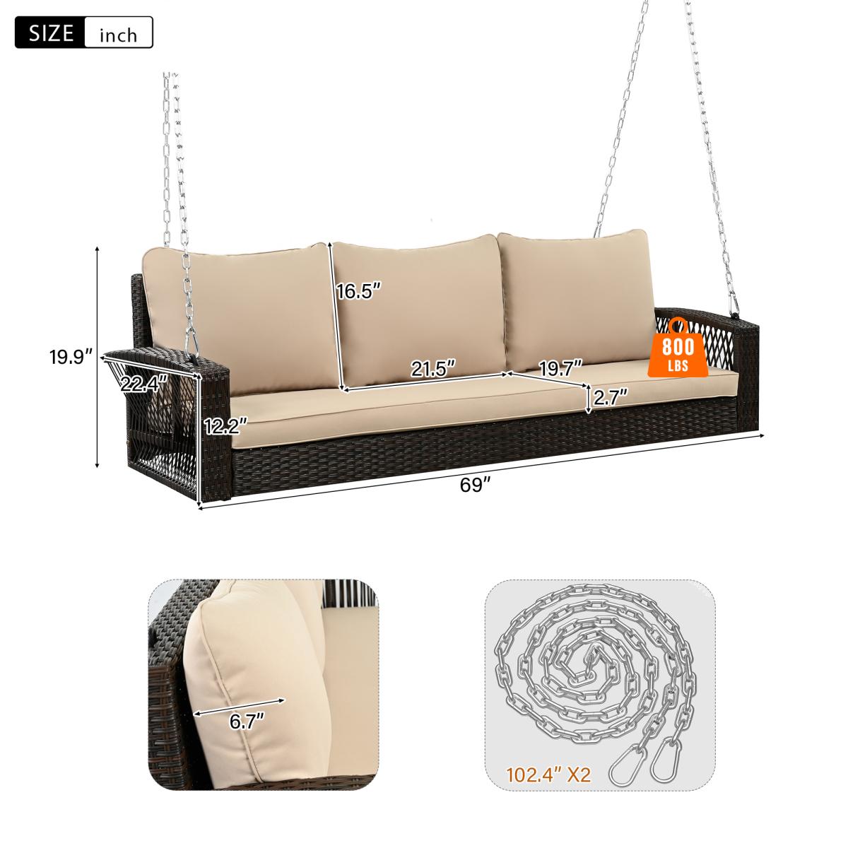 69" PE Wicker 3-Person Porch Swing with Chains, Large Patio Swing Bench with Cushions for Backyard Garden Poolside 69" PE Wicker 3-Person Porch Swing with Chains, Large Patio Swing Bench with Cushions for Backyard Garden Poolside