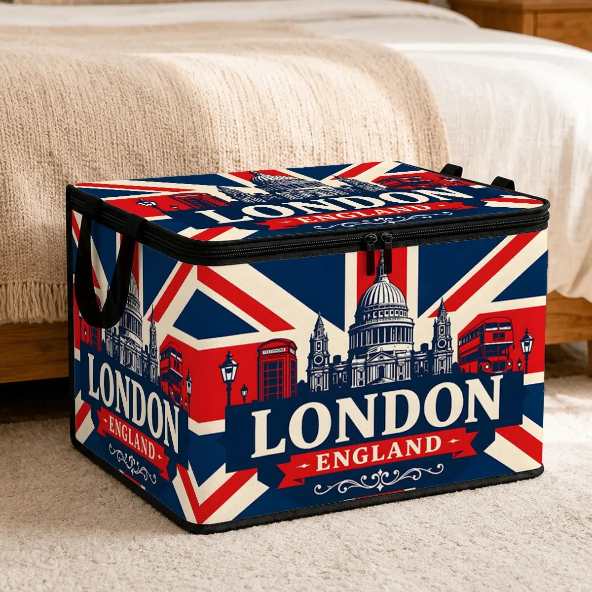 Union Jack Print Storage Box, Large Capacity Zipper Bin, Soft Fabric Foldable with Flip Lid & Handles, Ideal for Home Organization