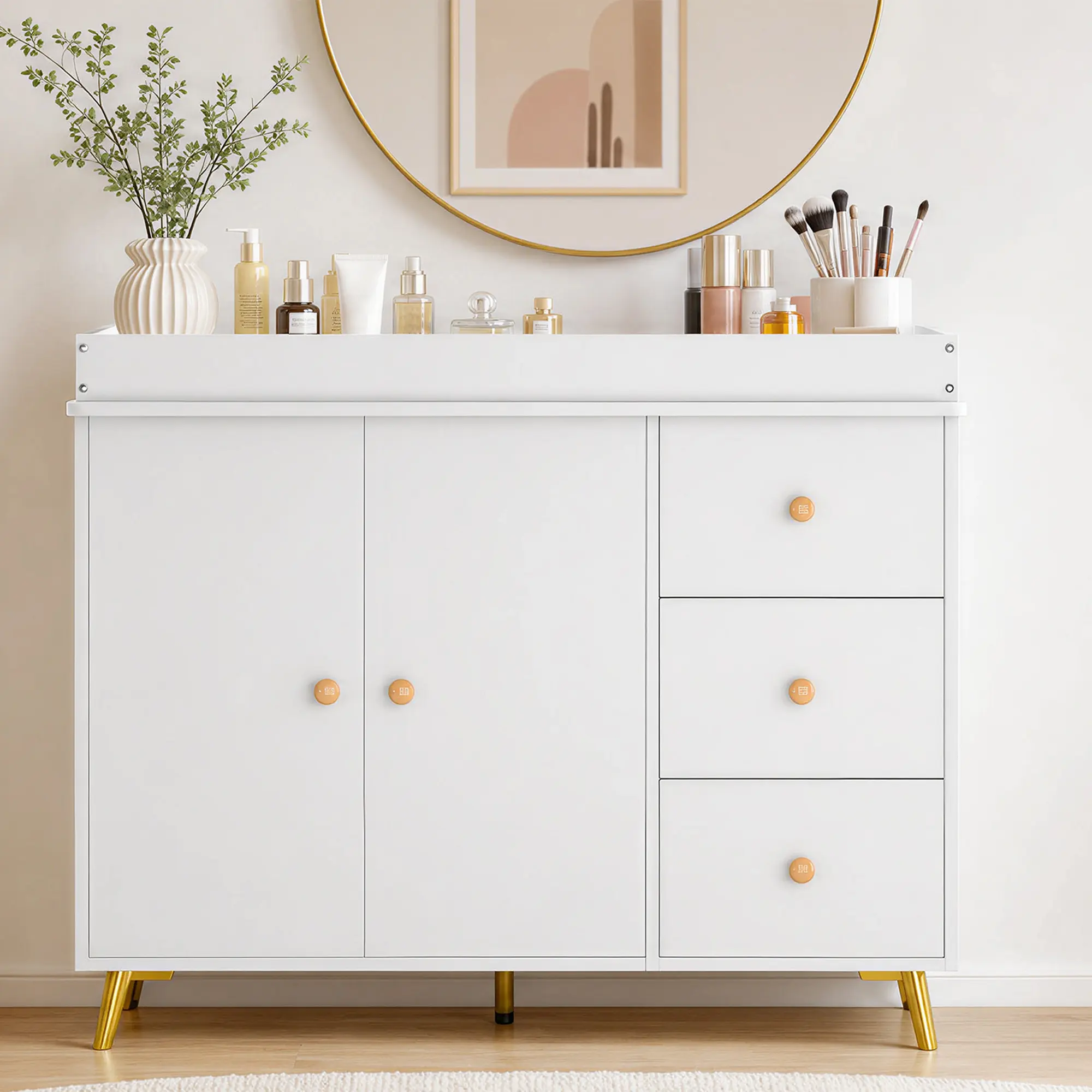 Baby Changing Table, White Wooden Dresser with 3 Drawers and Cabinet | Diaper Station for Nursery with Waterproof Changing Pad and Storage, Small Dresser for Closet, Bedside Table for Living Room/Bedroom/Office, White