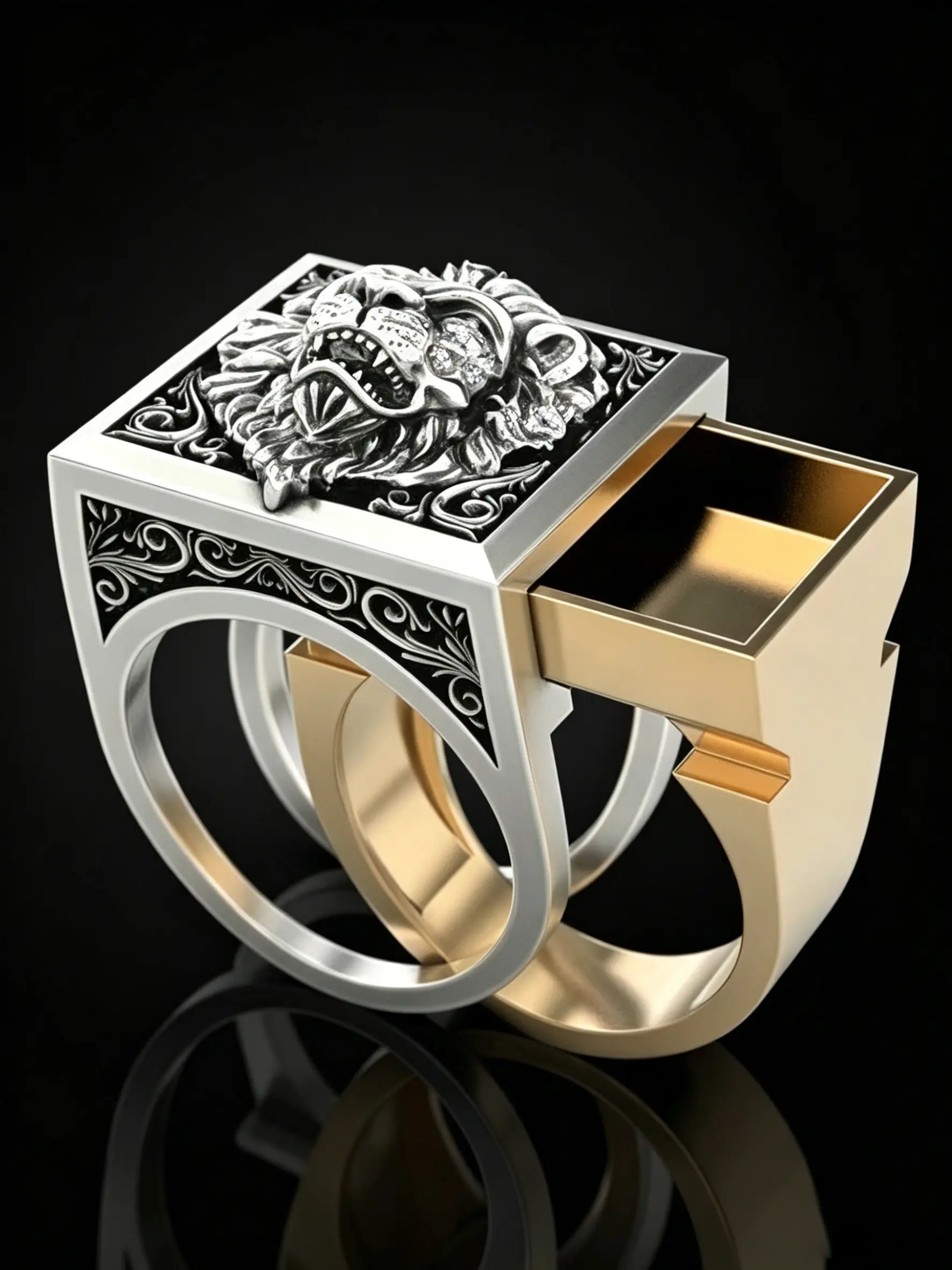 Two Tone Gold Silver Hidden Compartment Lion Head Signet Ring Engraved Scroll Pattern Wide Band Stainless Steel Secret Storage Finger Ring Unisex Hip Hop Biker Statement Ring For Daily Party Boyfriend Anniversary Gift Beautiful Rings