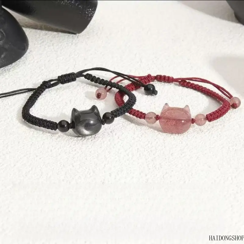 Coquette Viral Cute Faceless Cat Hand Woven Bracelet For Couples & BFFs, Faux Strawberry Quartz Cat Head Matching Wrist Jewelry, Minimal Sweet Accessory For Daily Dating Anniversary Friend Styling
