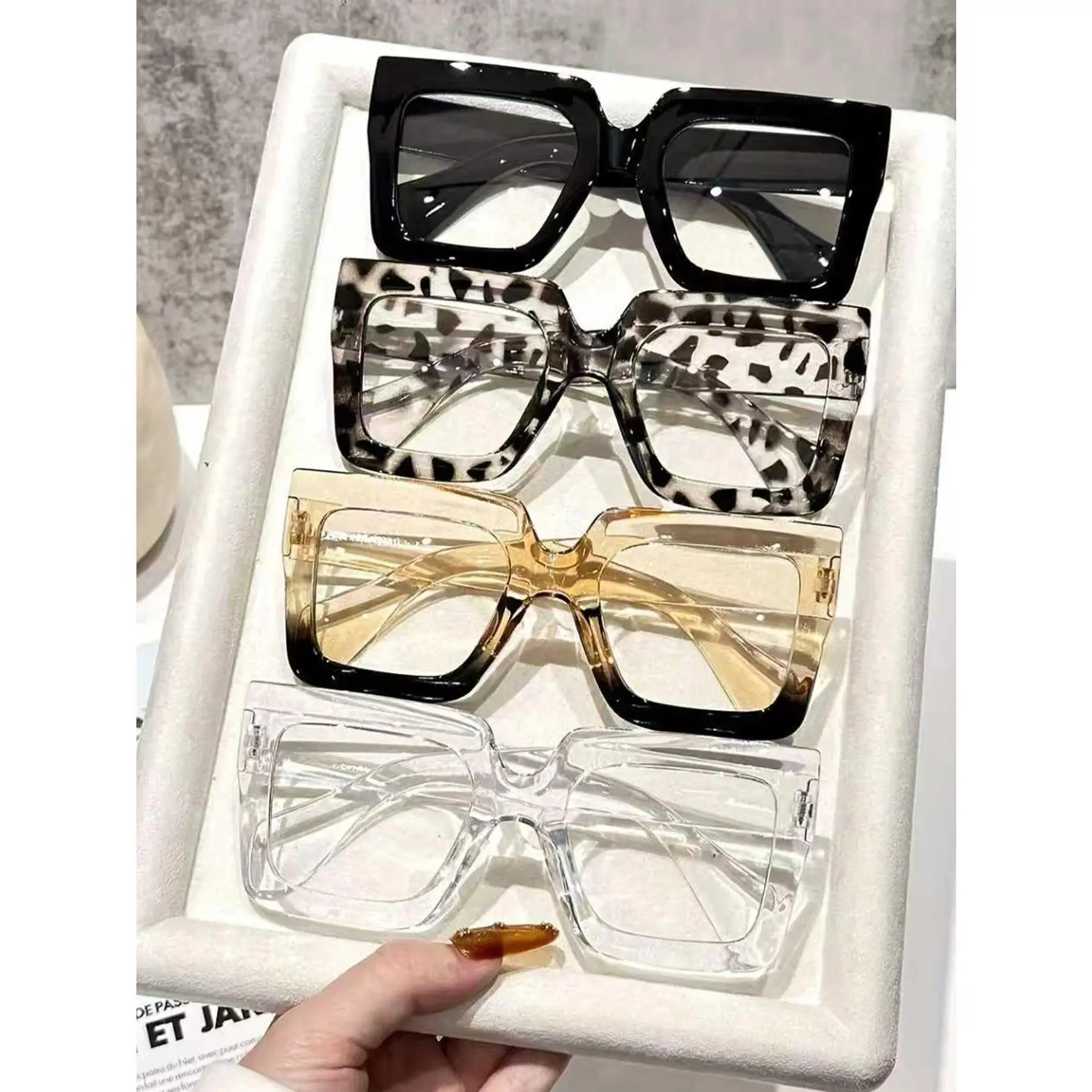 2026 Unisex 4-Pcs Non-Prescription Glasses Set, Oversized Rectangular Two-Tone Multicolor Plastic Frames, Lightweight Comfortable Trendy Eyewear For Daily Outfits And Holiday Styling