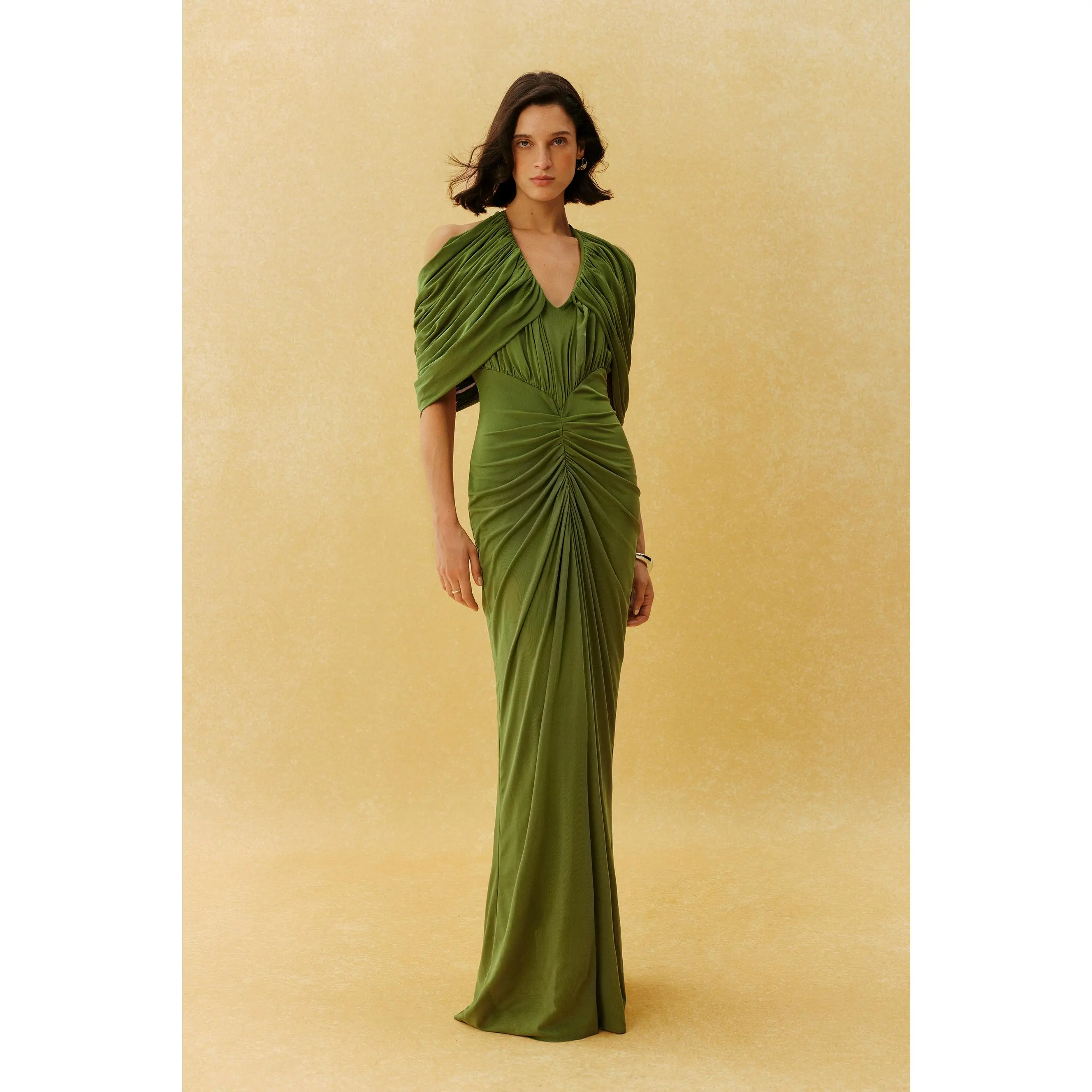 Sunfere Green Draped V Neck Ruched Maxi Dress - Cape Off Shoulder High-Stretch Elegant Gown, Formal Dinner Wedding Guest Banquet