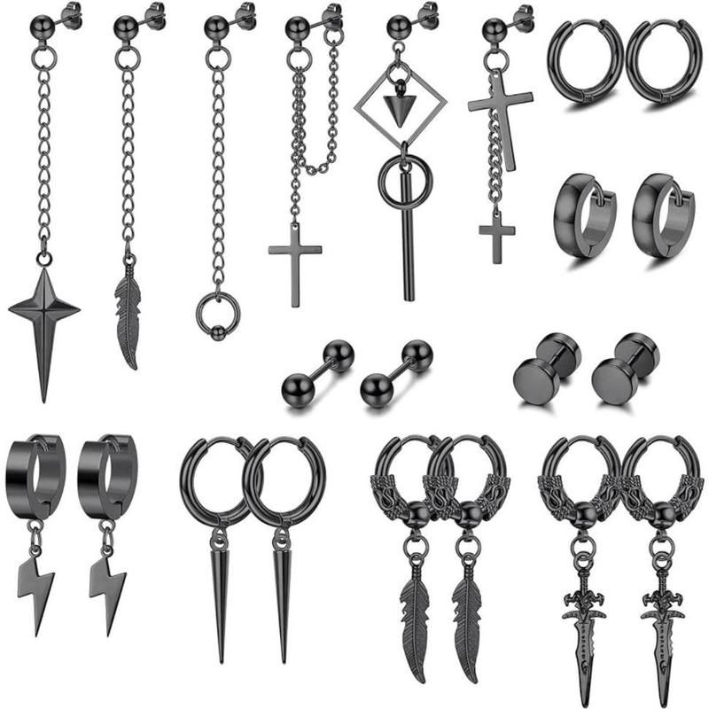 MILACOLATO 22Pcs Stainless Steel Hinged Hoop Earrings Long Chain Stud Cross Dangle Earrings Set Dangle Earrings for Men Kpop Earrings for Mens Black, Silver Daily