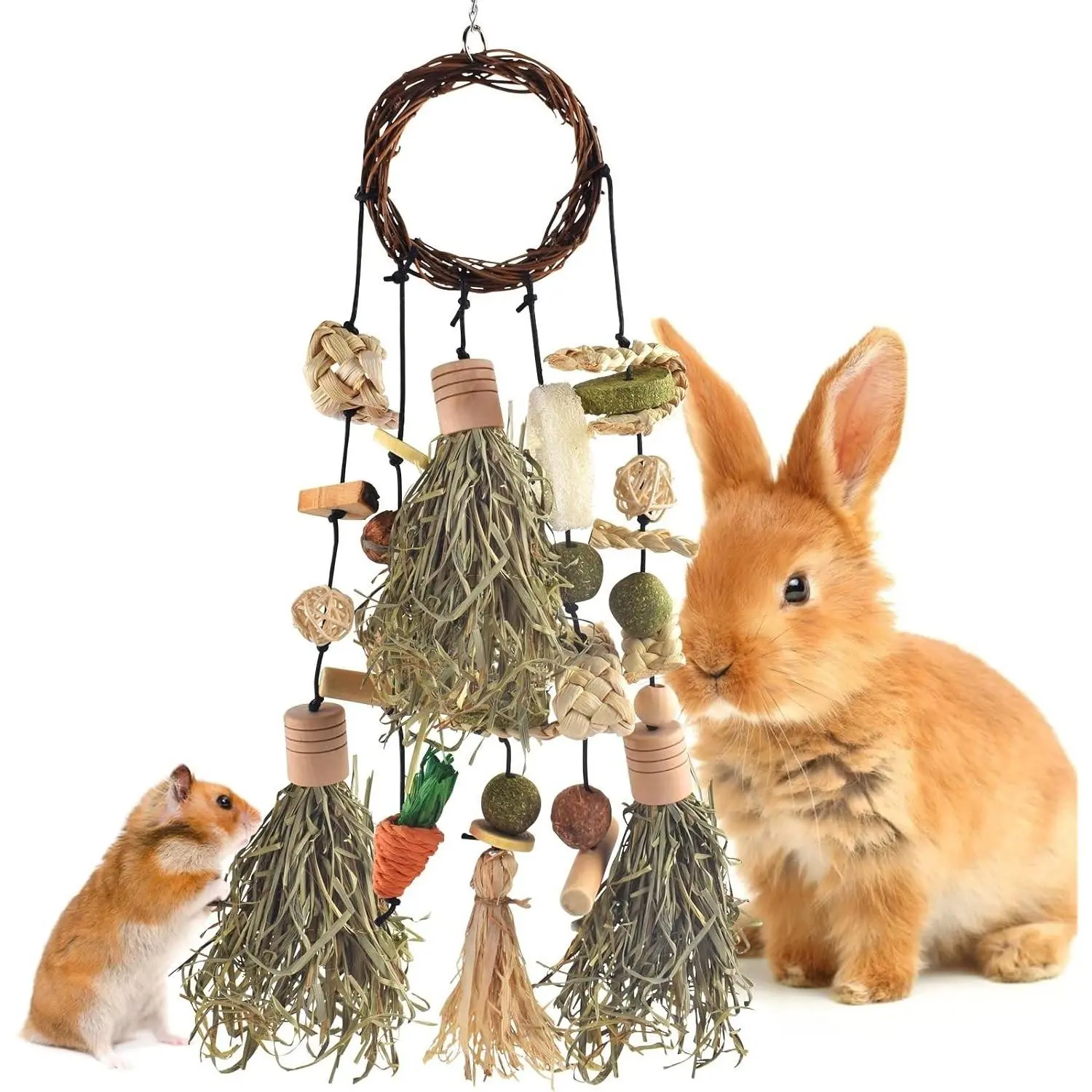 Hanging Natural Timothy Hay & Vine Chew Toy for Small Pets - Teeth Grinding Snack for Bunny, Guinea Pig, Chinchilla, Hamster & Rat, Cage Enrichment DesignGift