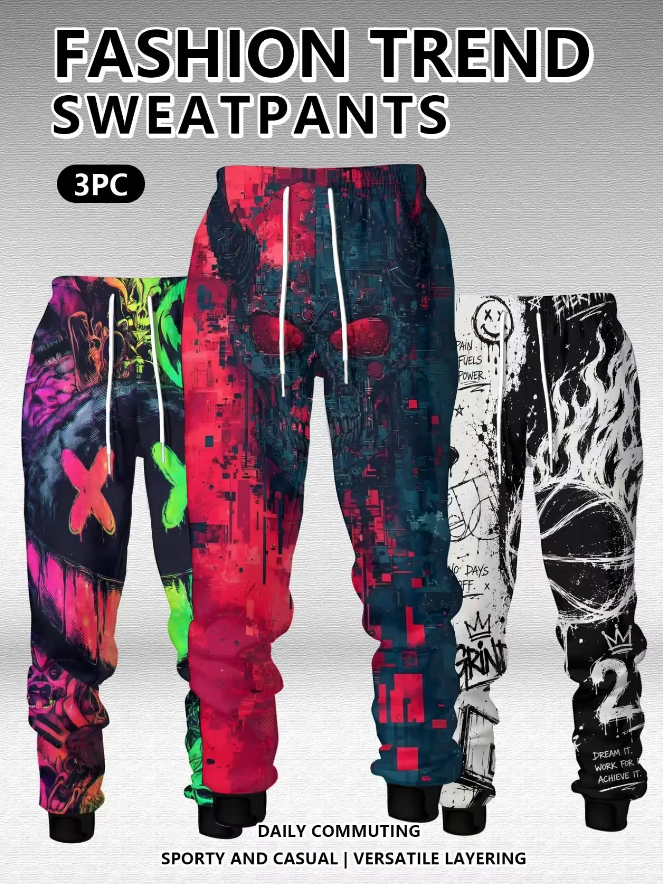 3-Pack Men's Casual Sweatpants, Cyberpunk Art Graffiti Print, Drawstring Waist, Fitted, Ankle Length, All Seasons, Geometric Design