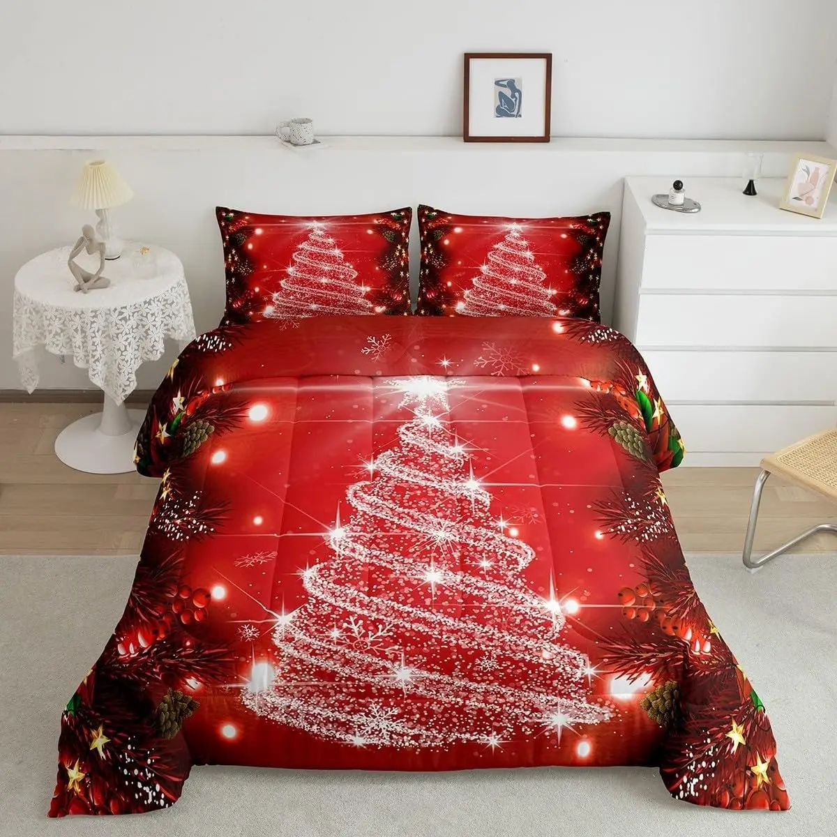 3-Piece Multi-Color Christmas Tree Pattern Quilt Set (1 Quilt + 2 Pillow Shams, Pillow Inserts Not Included) Filling Weight: 200 GSM, Soft & Breathable, Digital Print, Ideal for Bedrooms, Dorms & Home Use