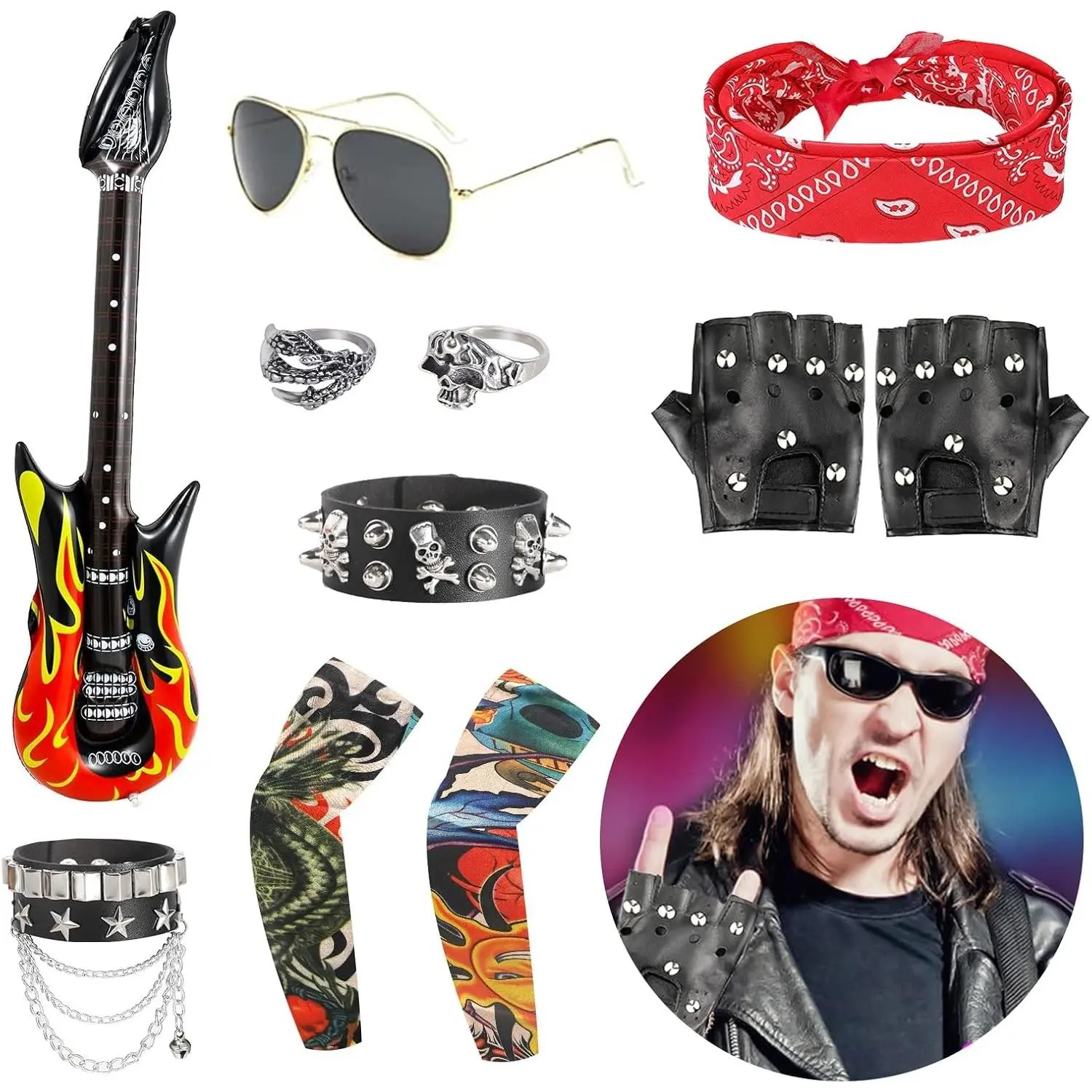 11pcs Rockstar Costume 70s 80s 90s Rocker Costume Set for Men Women Motorcycle Biker Halloween Costume with Punk Accessories Guitar Rock and Roll Outfit(Gift)