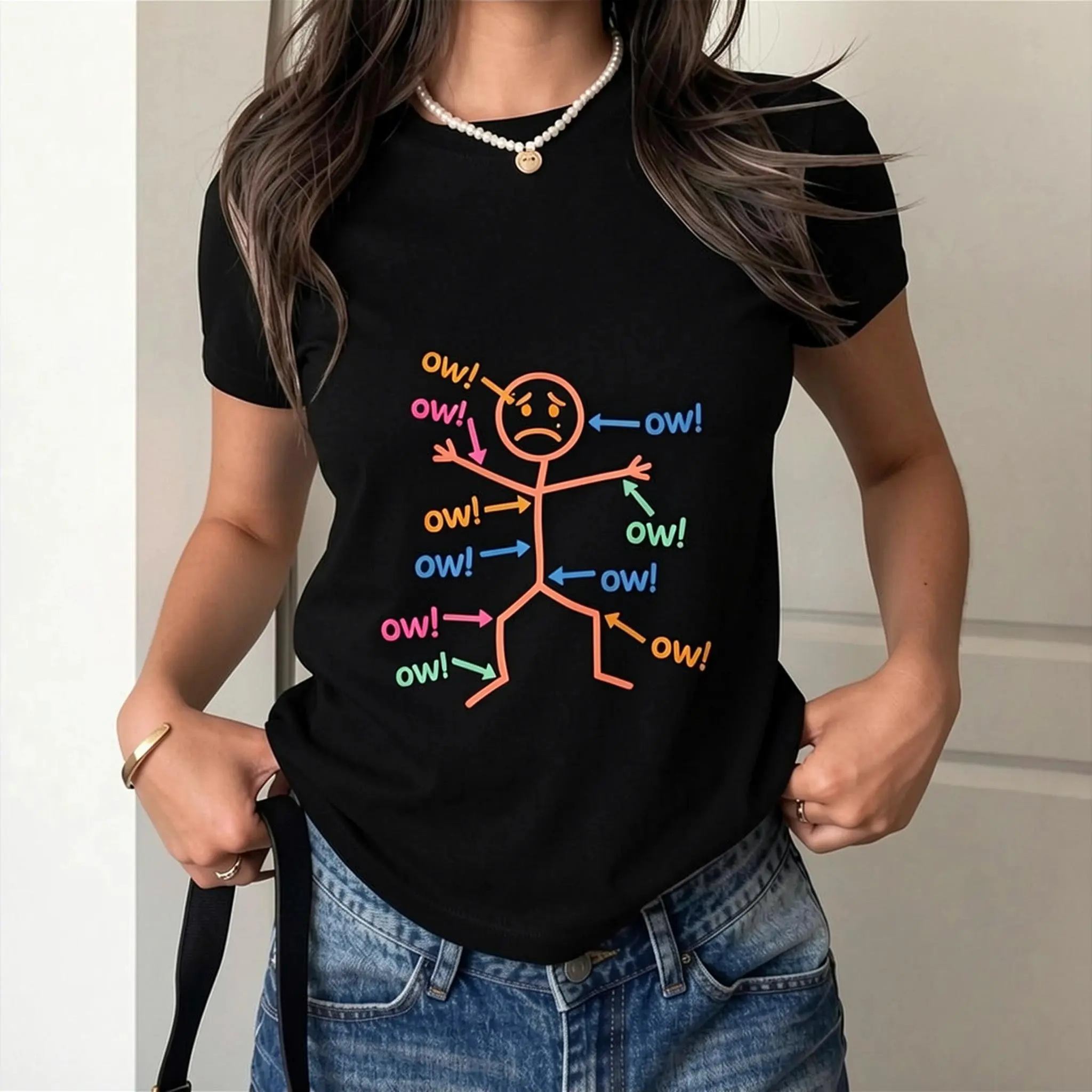 Funny Ow Ow Ow Ow Saying Body Pain Character Humor Sarcastic Cotton T-shirt, Graphic Crew Neck Soft Top Short Sleeve Casual Unsex Shirt for Men Women