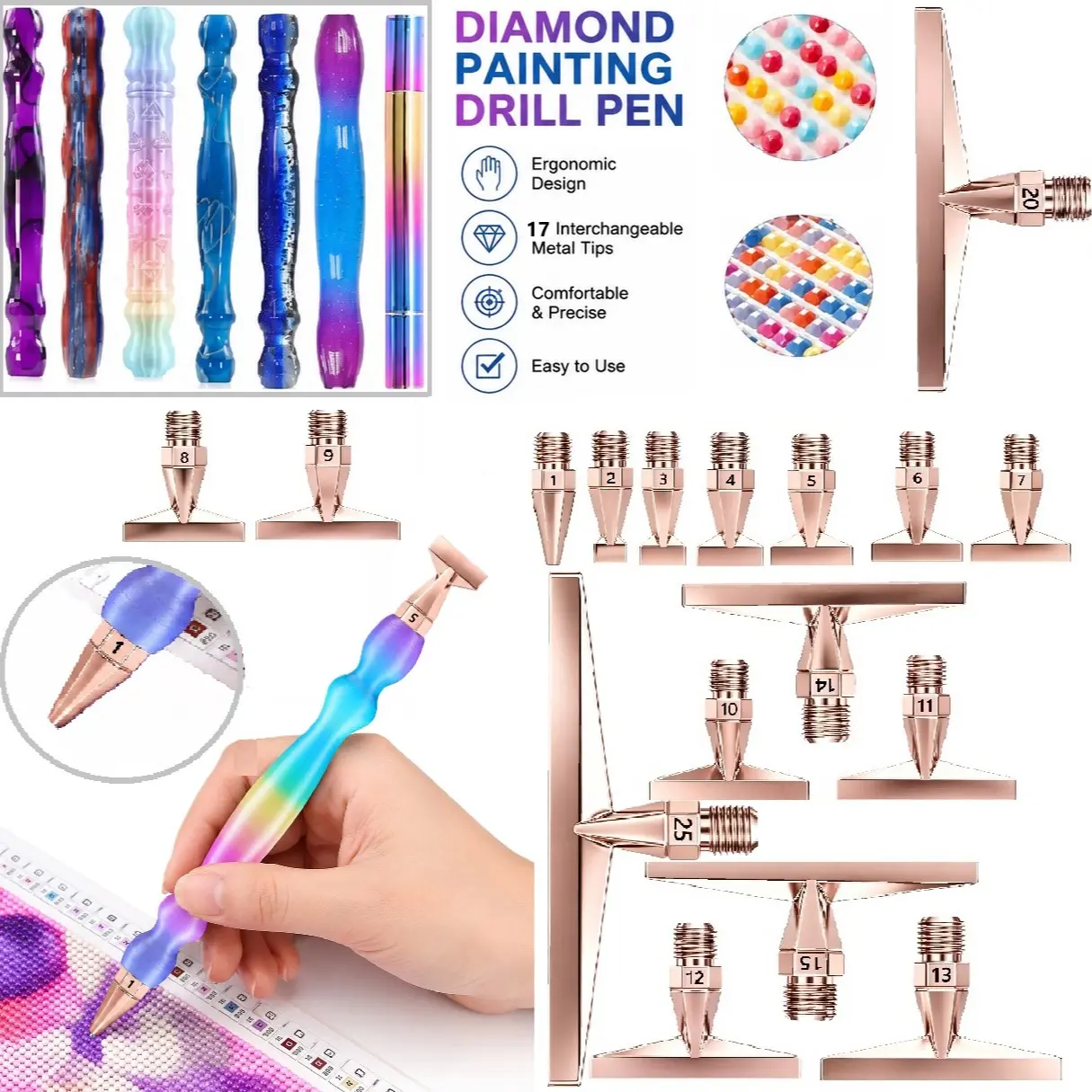 Rose Gold Stainless Steel Diamond Painting Brush Tips, Ergonomic 5D Threaded Interface, DIY Diamond Painting Tools Accessories