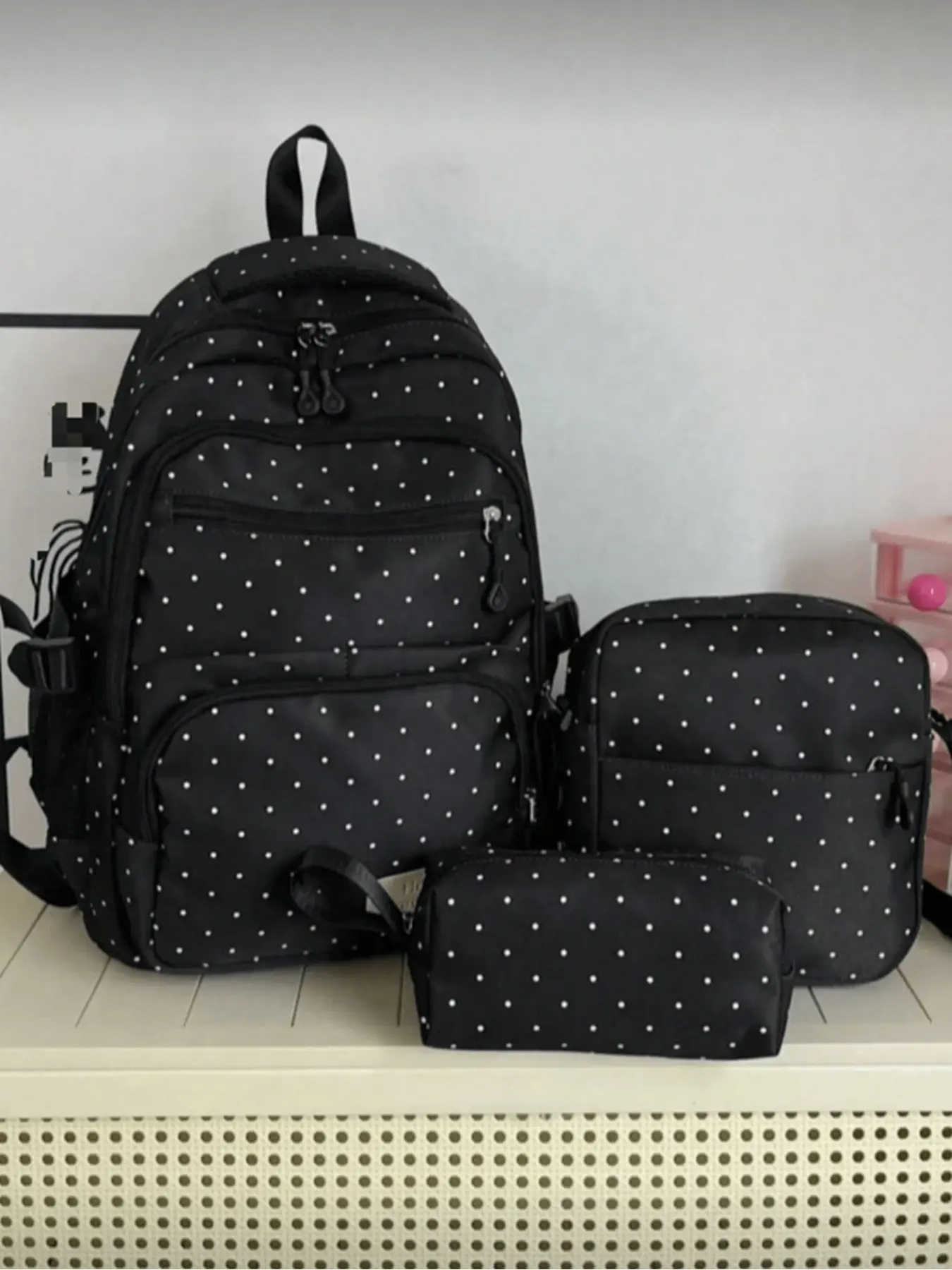 3 Piece Nylon Bowknot Printed Backpack Foldable Multi Pocket Large Capacity Waterproof Zipper Backpack for Teenagers High School College Girls Daily Commute Travel Valentine's Day Gift