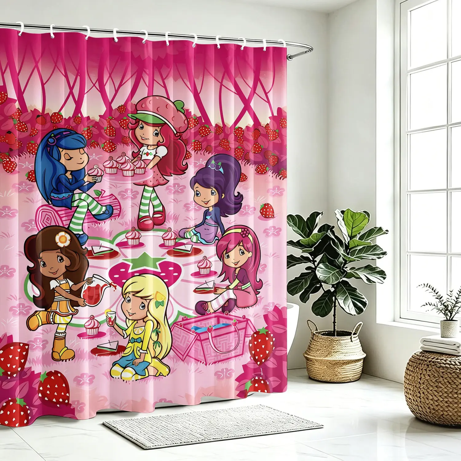 Sweet Pink Strawberry Orchard Cartoon Girls Waterproof Decorative Shower Curtain, Premium Thick Polyester Anti Mildew Bath Curtain, Fruit Cupcake Picnic Floral Print Aesthetic Kids Bathroom Wall Decor Curtain