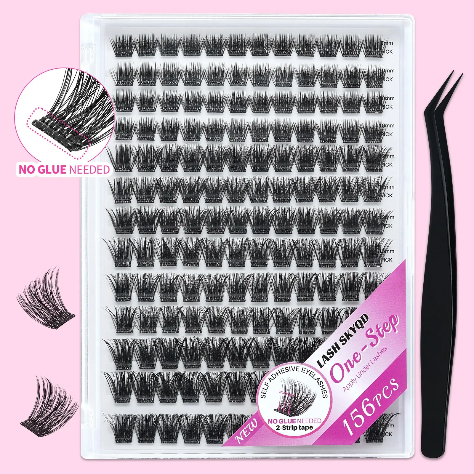 Self Adhesive Eyelashes, Makeup Cosmetic False Lashes 156 Pcs D Curl Self Adhesive Eyelash Clusters, No Glue Needed, Invisible 2-Strip Tape - Longer Lasting, No Sticky Residue Pre Glued Eyelashes