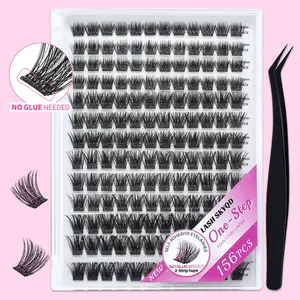Self Adhesive Eyelashes, Makeup 156 Pcs D Curl Self Adhesive Eyelash Clusters, No Glue Needed, Invisible 2-Strip Tape - Longer Lasting, No Sticky Residue Pre Glued Eyelashes
