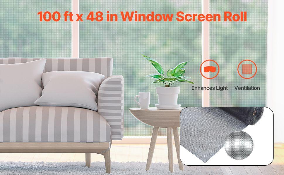 VEVOR Window Screen Replacement 100 ft * 48 in Window Screen Mesh DIY Adjustable