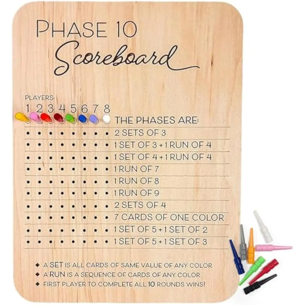 Phase 10 Score Board - 2026 Phase 10 Scoreboard Game, Phase 10 Card Game Wooden Made with 8 Colored Pegs, Phase 10 Scoreboard Round Tracker Board Card Games Night Table Score for Families Party & Team Building Game Props