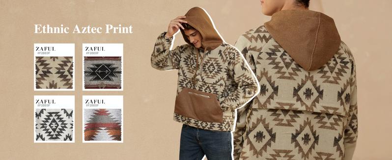 ZAFUL Men's Oversized Hooded Sweatshirt with Quarter-Zip, Ethnic Aztec Print, Loose-Fit Pullover Hoodie with Pockets Casual Streetwear Casual Streetwear Looks