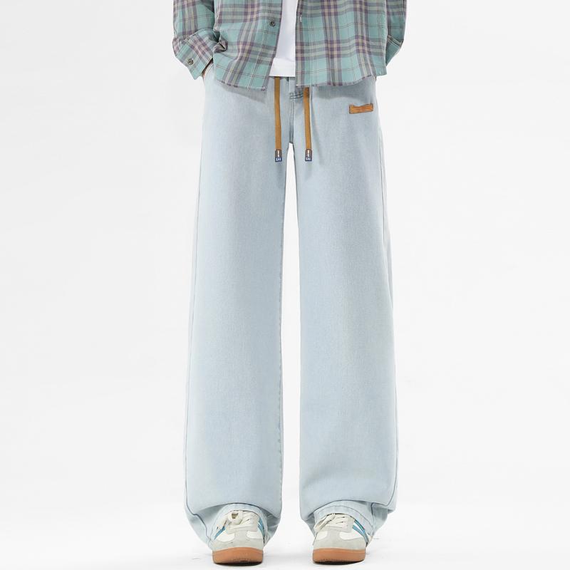 Brand new upgrade!Men's regular straight-leg jeans, casual drawstring elastic waist, denim pants, heavyweight washed jeans, premium blend elastic fabric with 61.8% cotton