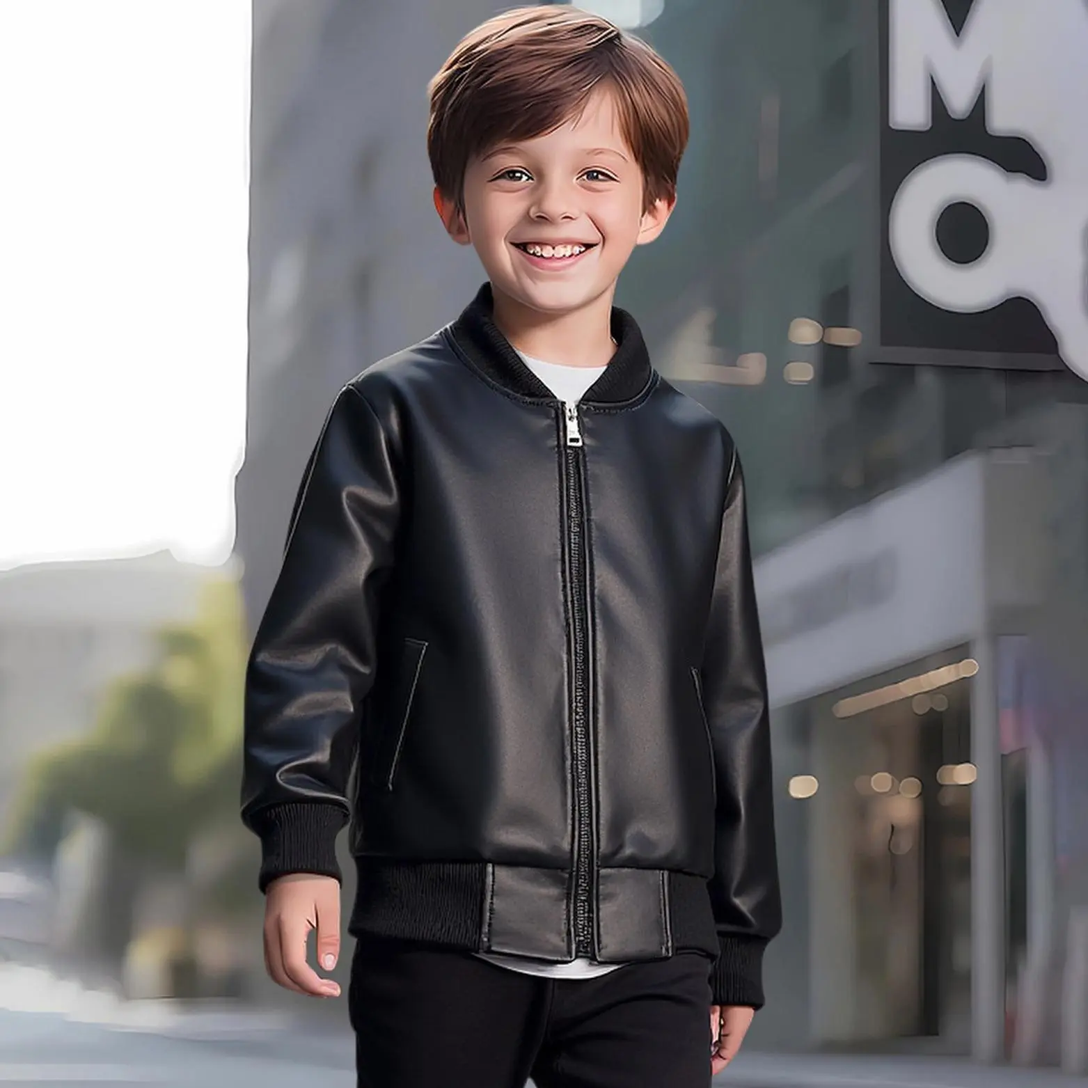 Boys' Faux Leather Zip-Up Bomber Jacket - Kids' Motorcycle Outerwear with Pockets, Ribbed Cuffs, Casual Lightweight Fall Winter Streetwear Coat, Zip-Up Boys' Jackets