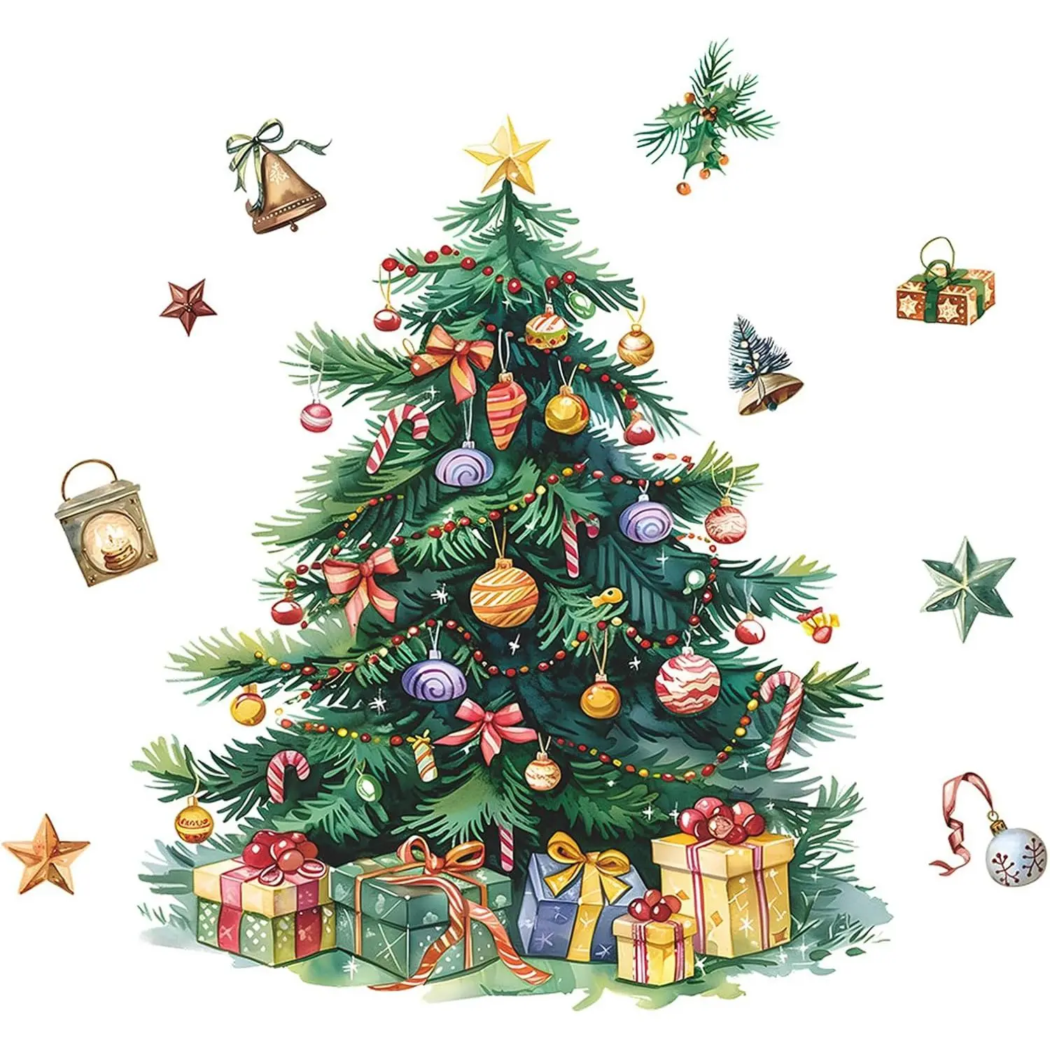 Christmas Tree Window Clings Peel and Stick Wall  | Cartoon Christmas Tree Wall Decal , Christmas Window Clings for Room Kitchen Bathroom Party Holiday Decor Green