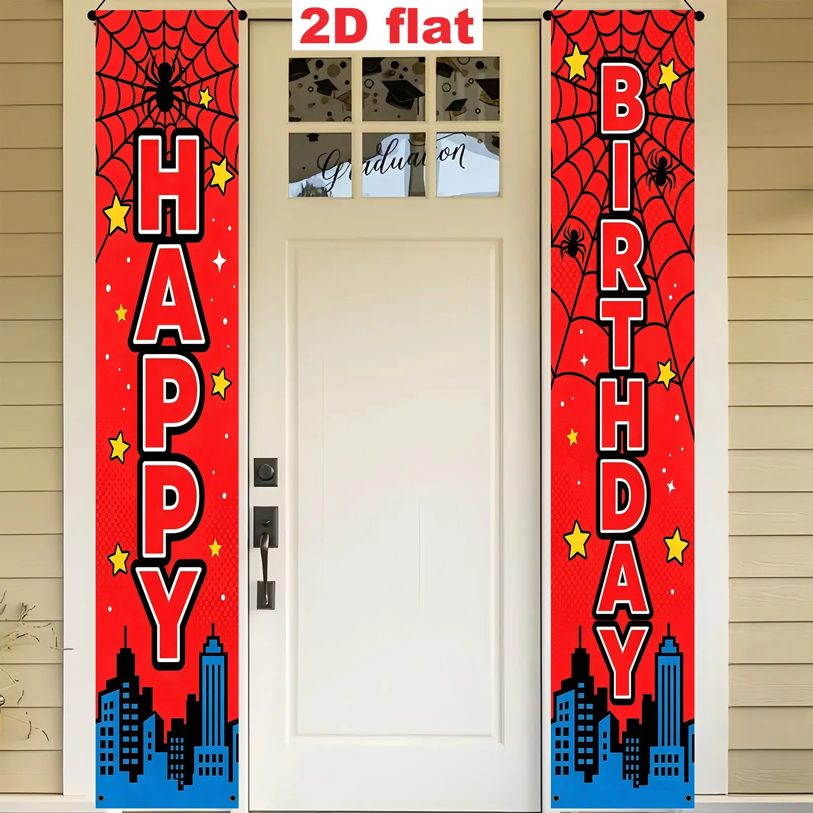 2D Flat Banner 2pc Red Tone Spider Web City Porch Couplets, for living room, bedroom, porch, birthday party, home decor, indoor‑outdoor gatherings, photo backdrop, porch hanging decor, birthday decor supplies, Polyester Material