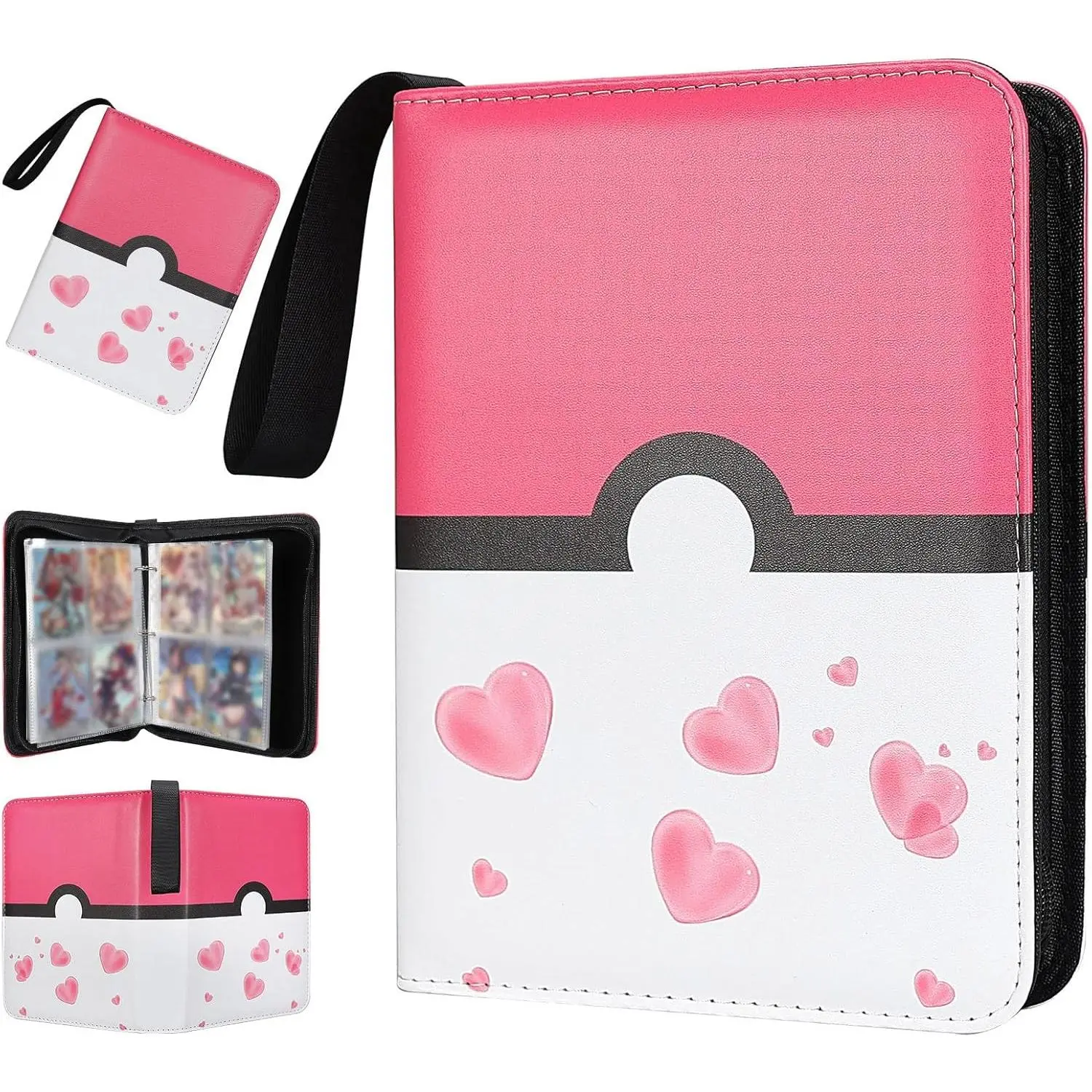 4 Pocket 400 Double Sided Pocket PU Premium Zip Collectible Trading Card Binder with 50 Removable Sleeves Card Folder for TCG Sports Cards Pink White