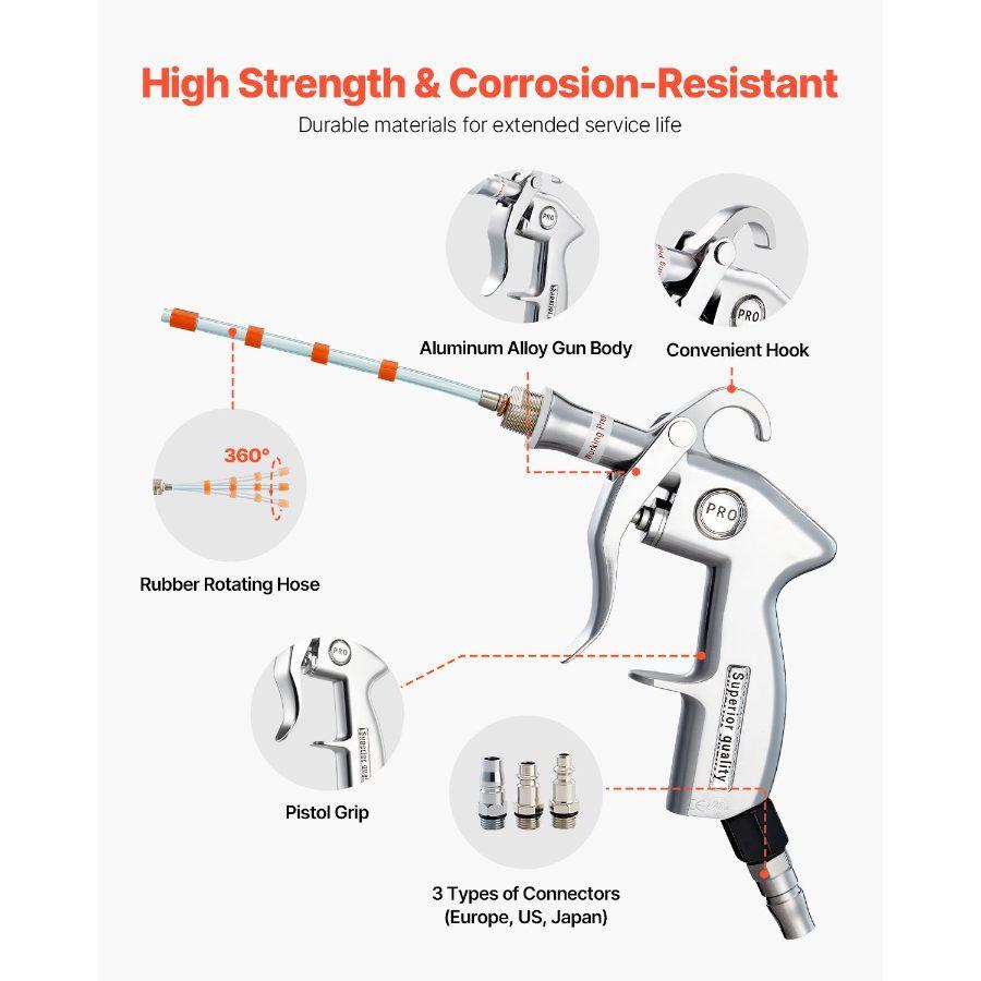 VEVOR Car Cleaning Gun, 6-9.2 Bar High-Pressure Air Blow Gun with 2 Set Nozzles, 360 Rotating Nozzle for Thorough Cleaning, Quickly Blasts Dirt and Dust from Surface, with 1/4 NPT Air Compressor