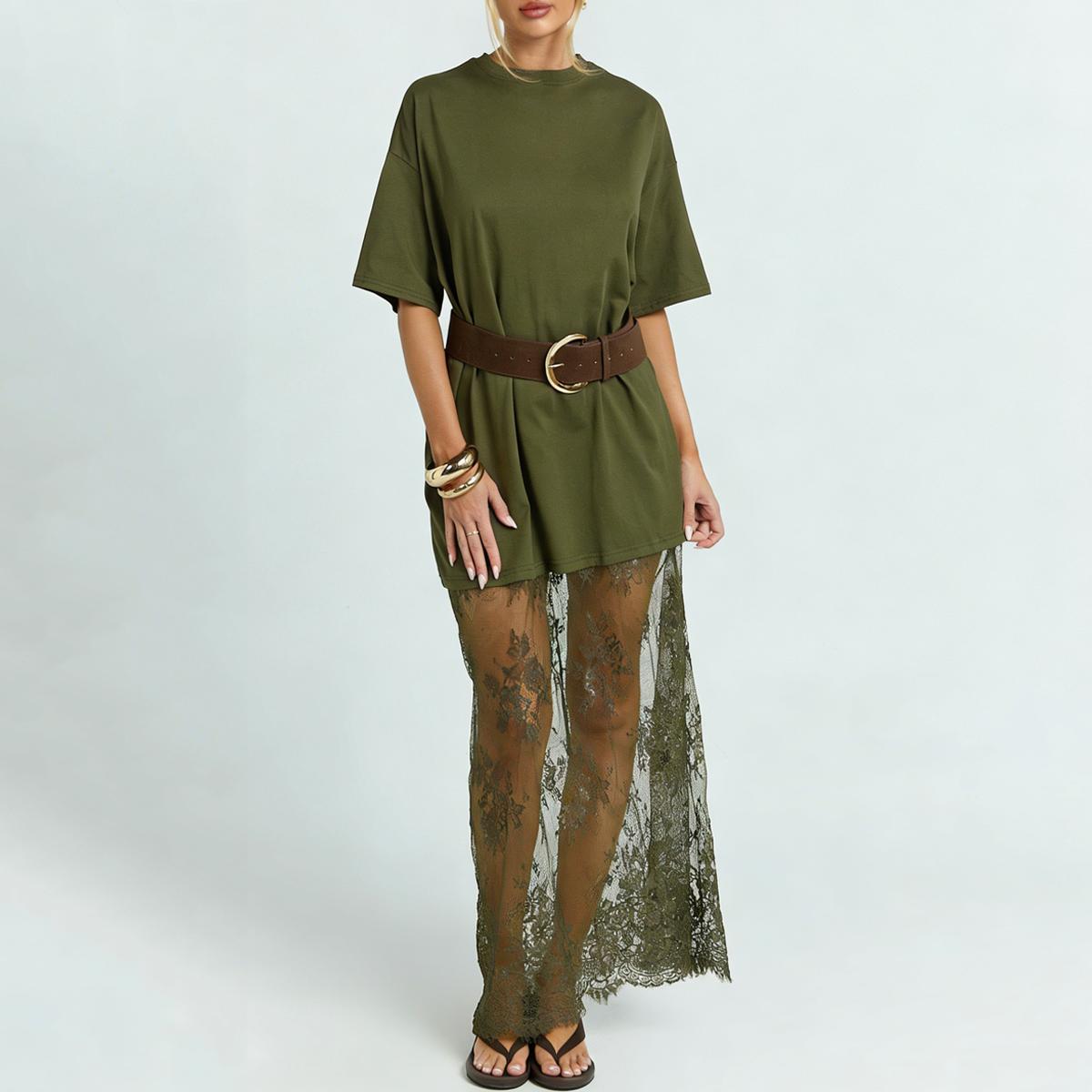 Women's Black Oversized T-Shirt Maxi Dress with Sheer Lace Hem Drop Shoulder Short Sleeve Perfect for Street Style...