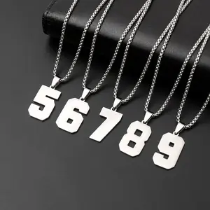 Stainless Steel Double-Sided Number Necklace 0 1 2 3 4 5 6 7 8 9 Rectangle Pendant Men Women Hollow Lucky Numbers Chain Jewelry