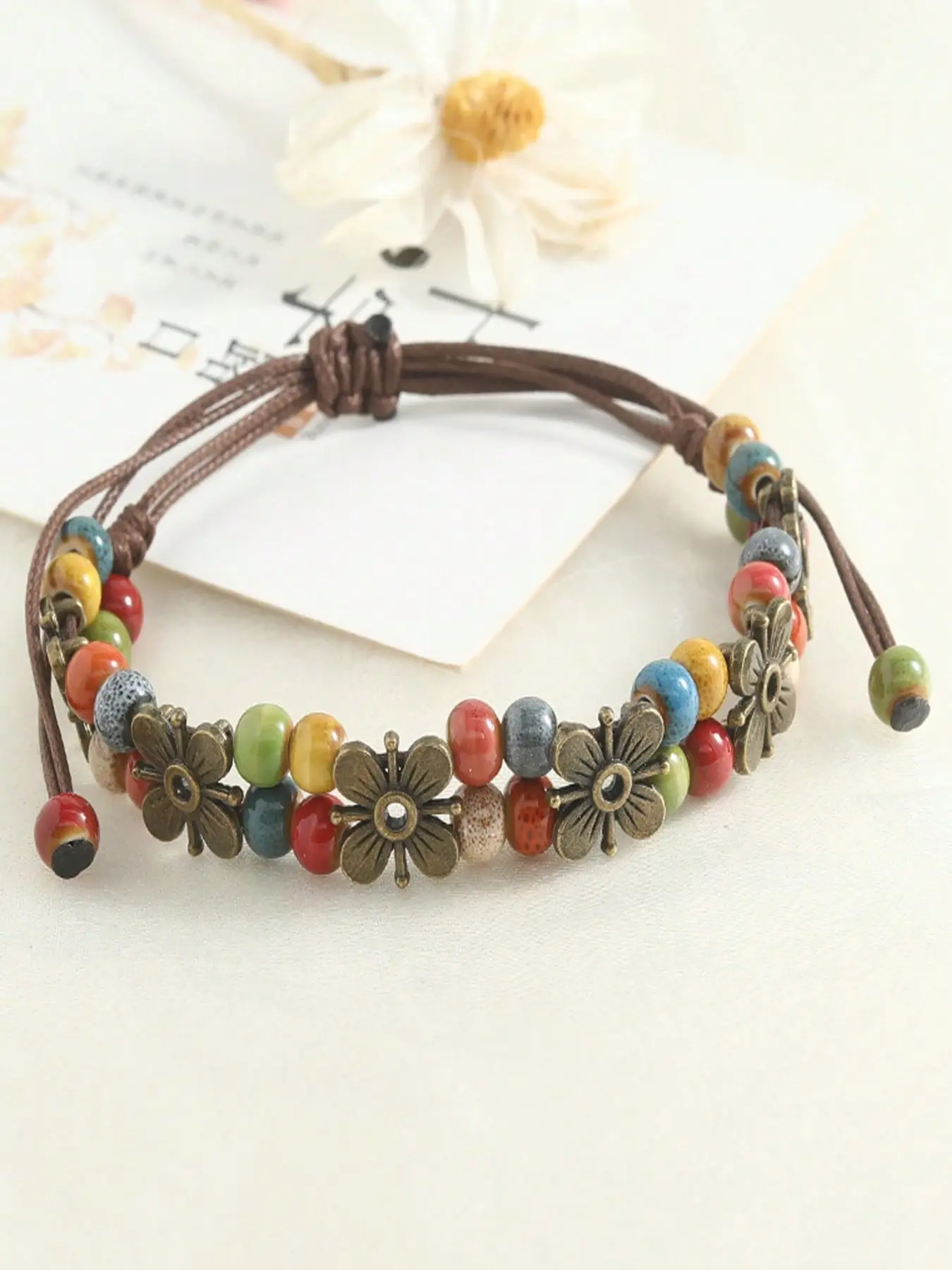 1pc Bohemian Style Vintage Handmade Woven Colorful Beaded Leather Cord Bracelet With Flower Pendant, Adjustable Knot, Suitable For Women And Girls Daily Wear And Party Gift, Beaded Jewelry