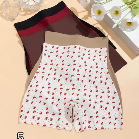 Women's 5-Pack High-Waisted Seamless Boyshort Underwear, Micro-Compression Shapewear Stretchy Shorts, Cherry Print & Solid Colors, Breathable Underwear for All Seasons