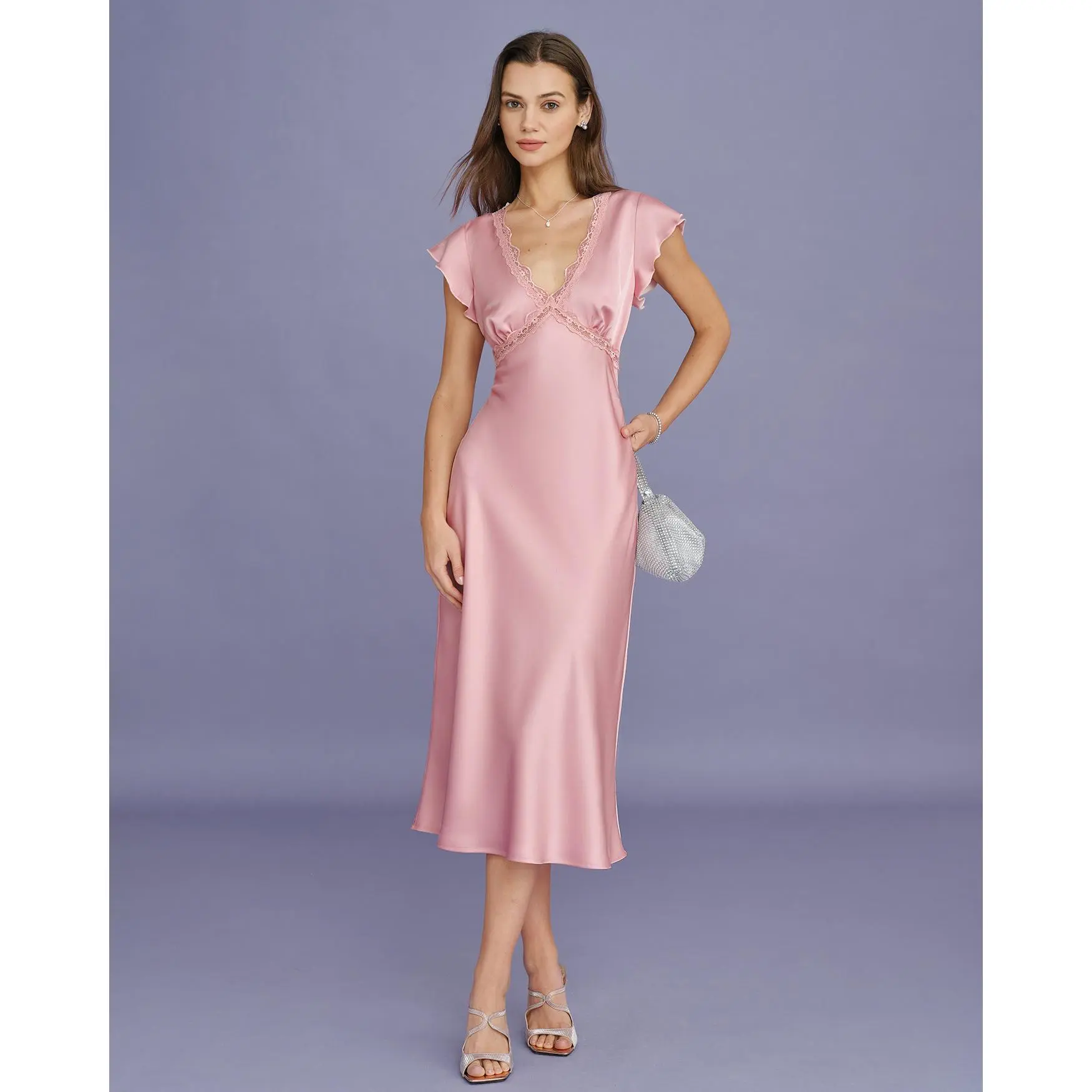 Pink V Neck Lace Satin Midi Dress