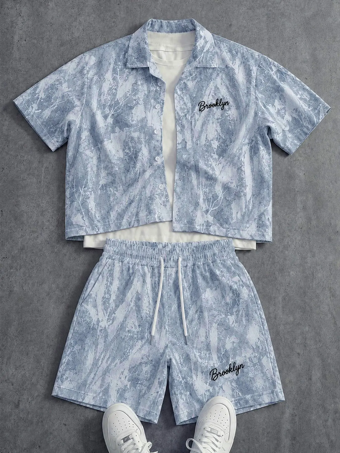 American Vintage Leaf Print Brooklyn Blouse Set, Short Loose-Fit Button-Down Shirt, Street Style Two-Piece, Men's Casual Wear