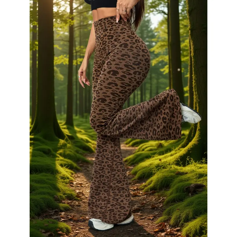 Women's High-Waist Leopard Print Seamless Tummy Control Loose Fit Flared Wide Leg Yoga Pants, Adult Women's Autumn Winter Sport-Ready Workout Bottoms, Workout Outfit Inspo