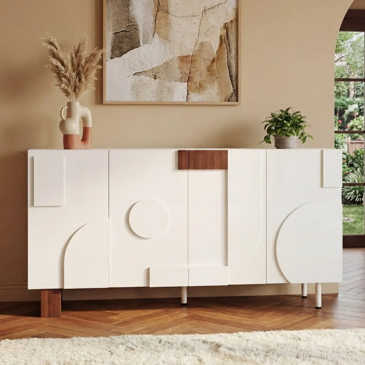 Sturdy Modern White Sideboard Buffet Cabinet - 62.99" L x 16.54" W x 33.46" H Storage Unit with 4 Doors, Adjustable Shelves, Geometric Details, 115.41 lbs Weight, Assembly Required, Dining Room/Living Room Organizer, 110Kg Tabletop