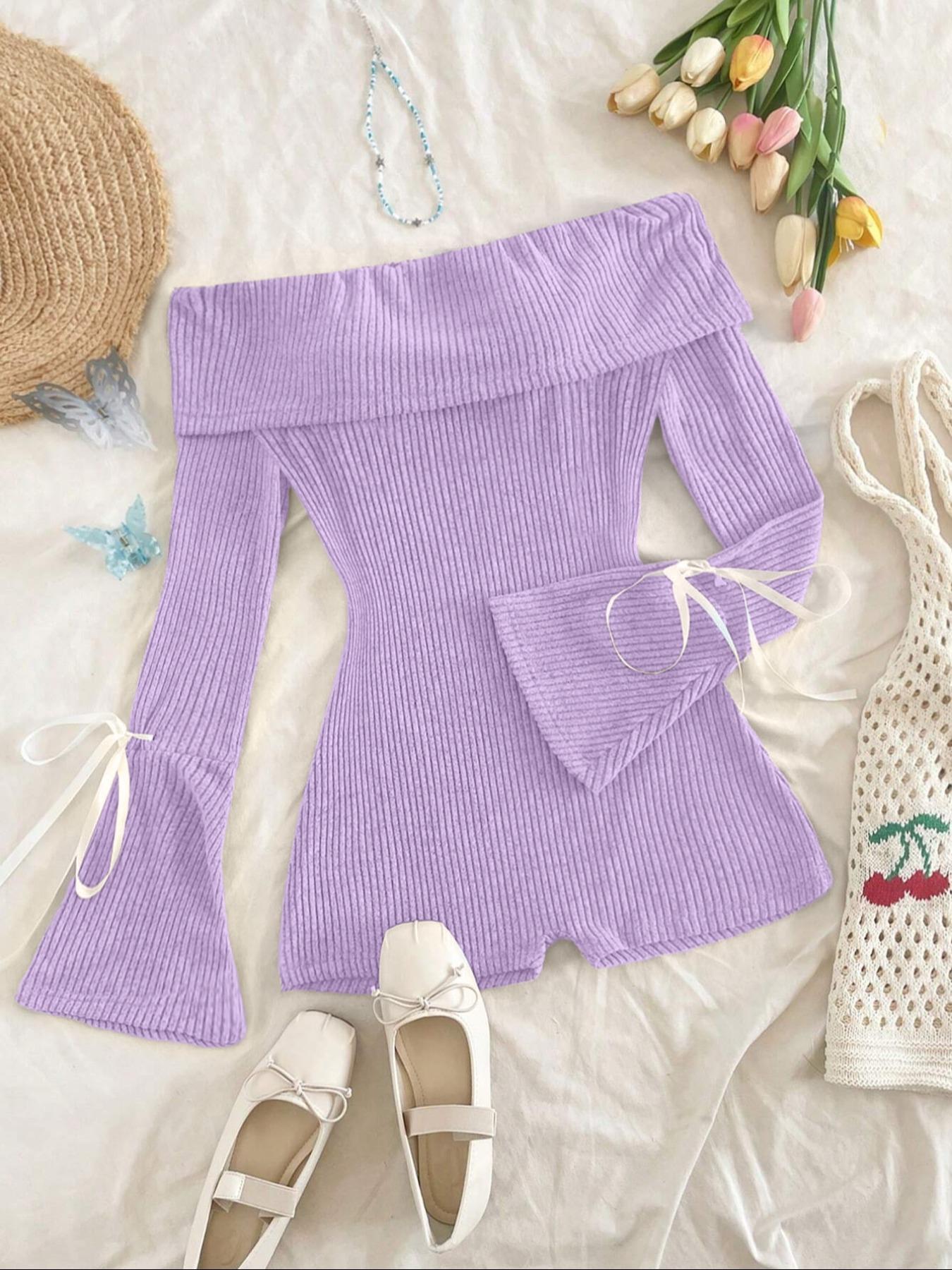 Women's Solid Ribbed Off Shoulder Flounce Sleeve Romper, Casual Fashion Cozy Romper for Daily Outdoor Wear, Women's Clothes for Spring & Fall, Casual Comfy Jumpsuit