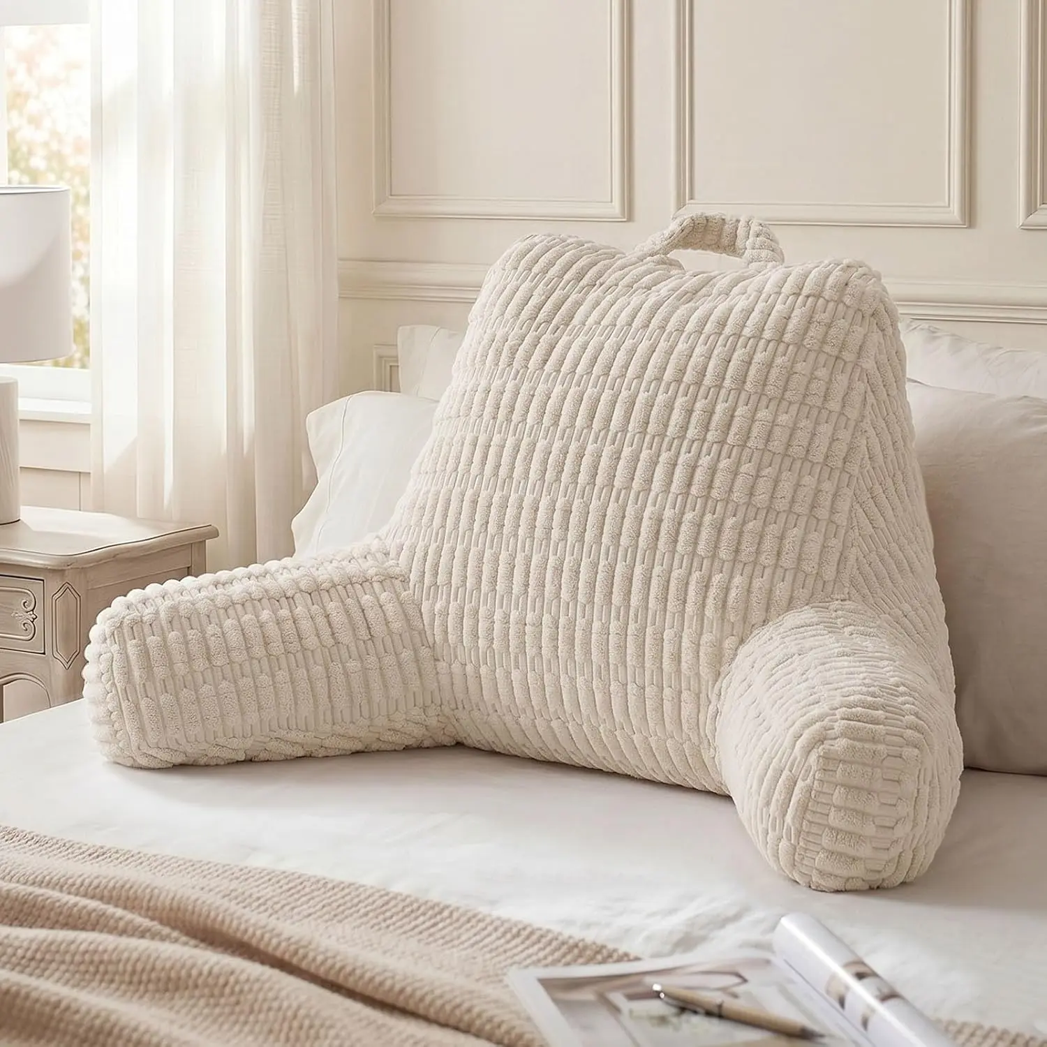 Reading Backrest Pillow with Shredded Memory Foam for Adult & Children, Designed for Bed and Couch Sitting Up, with Arms, Pockets and Washable Cover, Off White
