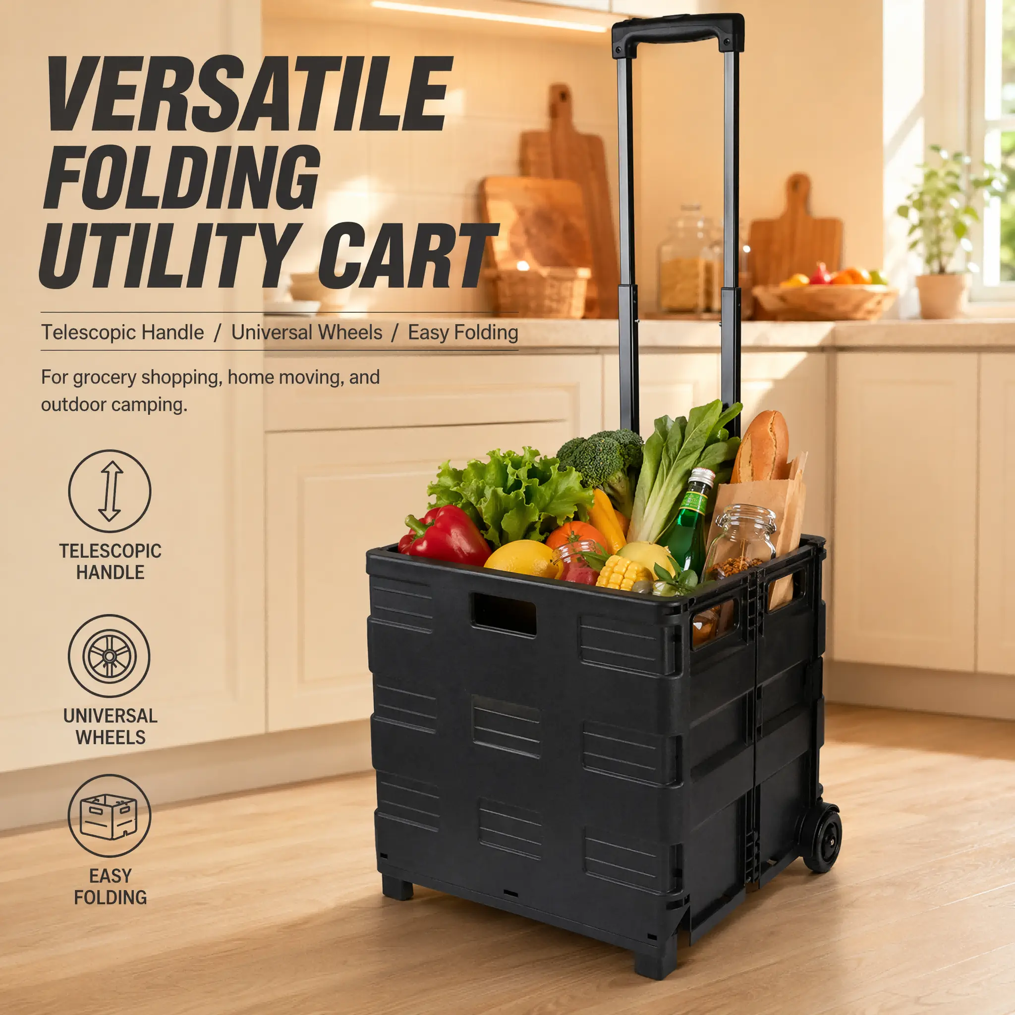 Foldable Rolling Storage Cart With Retractable Telescopic Handle For Grocery Shopping Campus Moving Home Organizing And Outdoor Camping Transportation