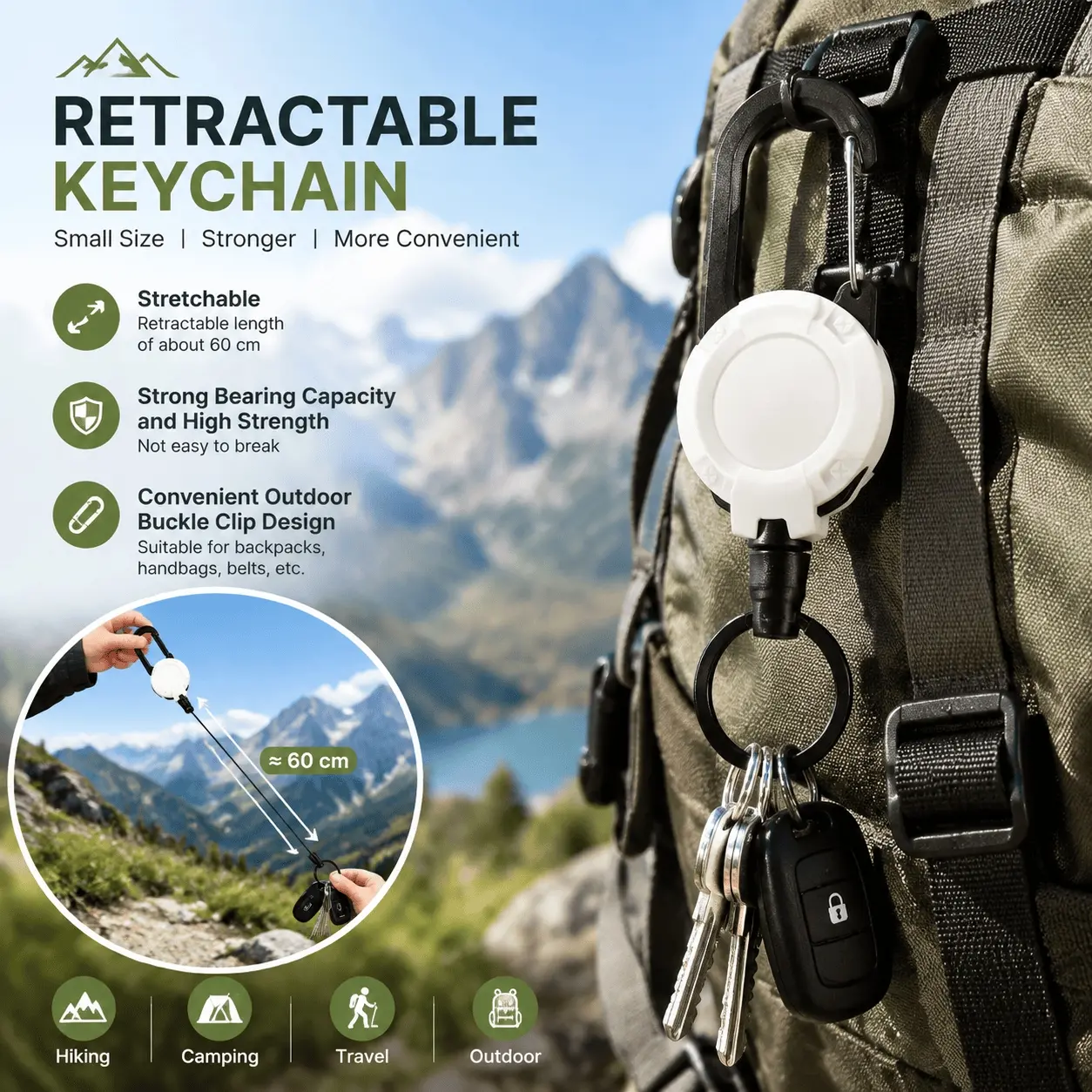 2PCS Extendable Mountaineering Keychain, with Safety Rope, Suitable for Backpacks and Handbags. Convenient and Multifunction Outdoor Accessories, Ideal for Travel, Hiking