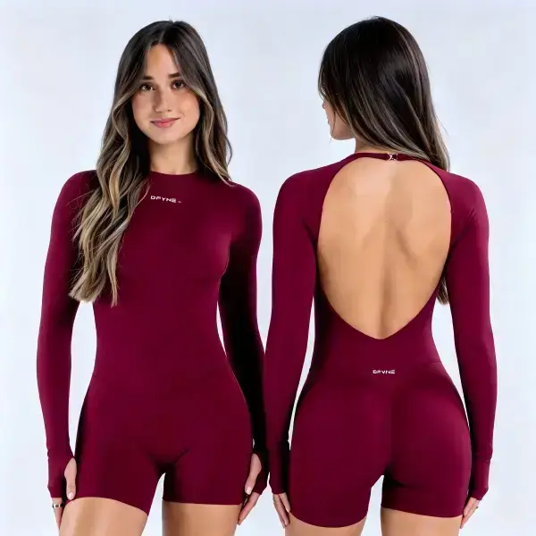 (With Logo)DFYNE Backless Long Sleve Yoga Bodysuit Stretchy Tummy Control Workout Jumpsuit, Butt Lifting Gym Onesie for Pllates & Trainingoutdoorfun, Fitness Sport Outfits, Gym Unitard
