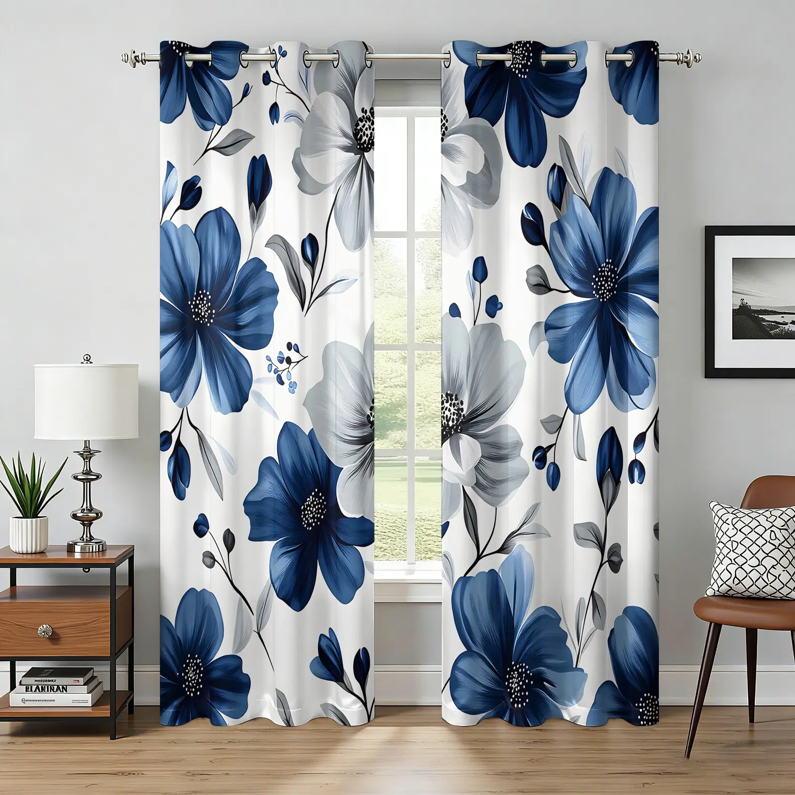 2 Panels Boho Navy Blue Floral Blackout Curtains, Watercolor Botanical Flower Print, No-Hook Washable Fabric, Room Darkening Window Drapes for Bedroom Living Room Decor, Bohemian Farmhouse Home Gift, Boho Aesthetic