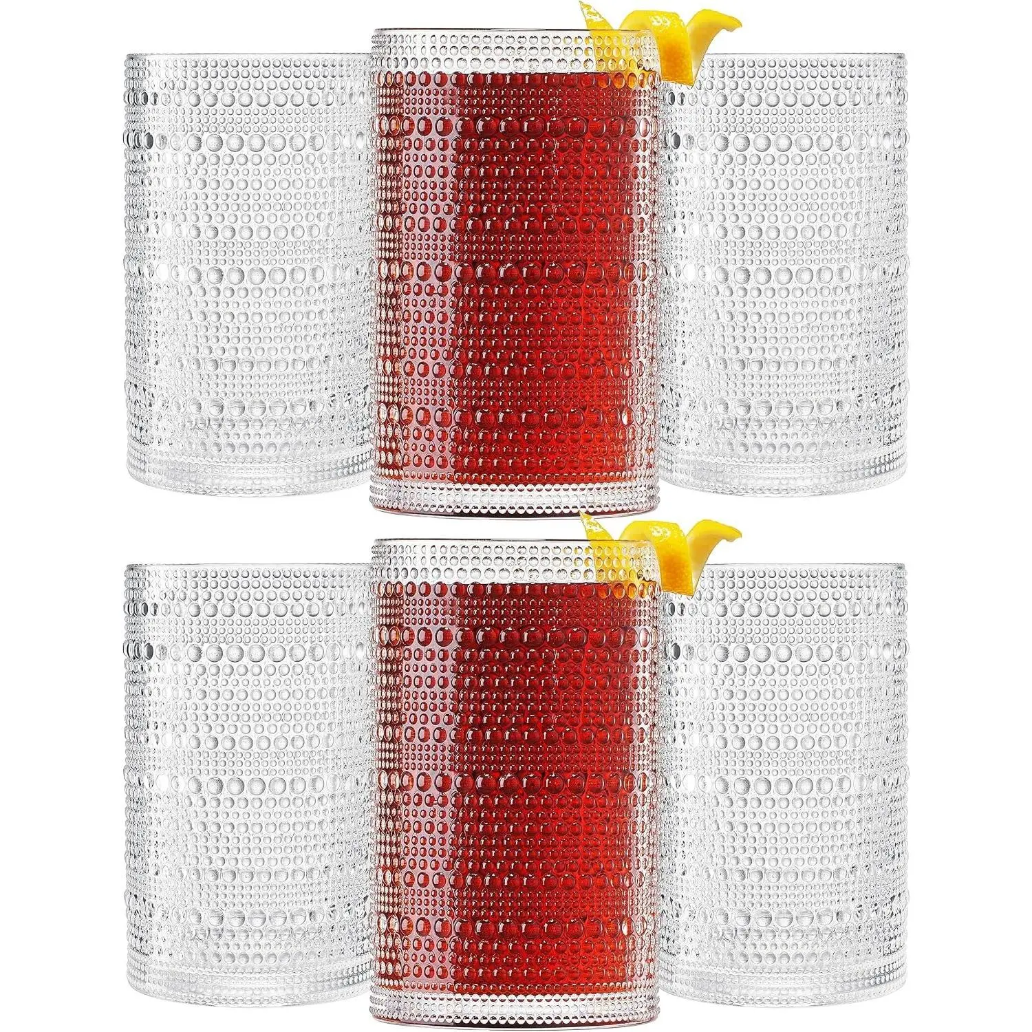 Plastic Hobnail Drinking Highball Glasses Set of 6 Clear Color Cups 14oz, Shatterproof & Unbreakable Acrylic Beaded Design, BPA-Free, Dishwasher Safe Indoor/Outdoor Drinkware for Water, Cocktails